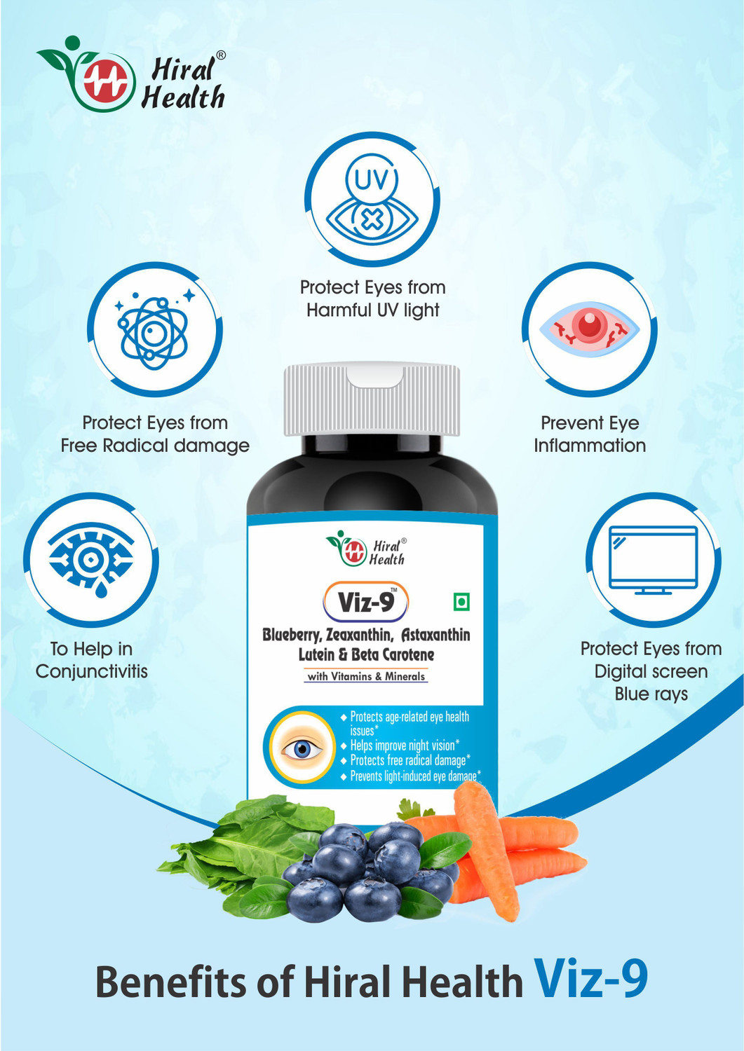 Image of Hiral Health Viz-9 Tablets: Eye Supplement with Vitamin A, Lutein, Zeaxanthin Vision Care