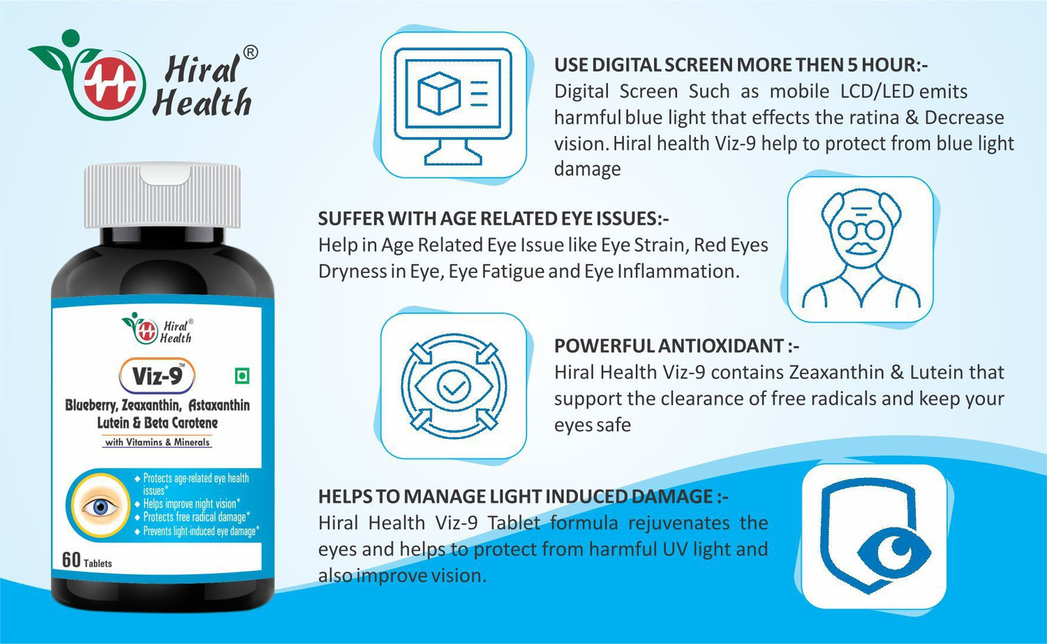 Image of Hiral Health Viz-9 Tablets: Eye Supplement with Vitamin A, Lutein, Zeaxanthin Vision Care