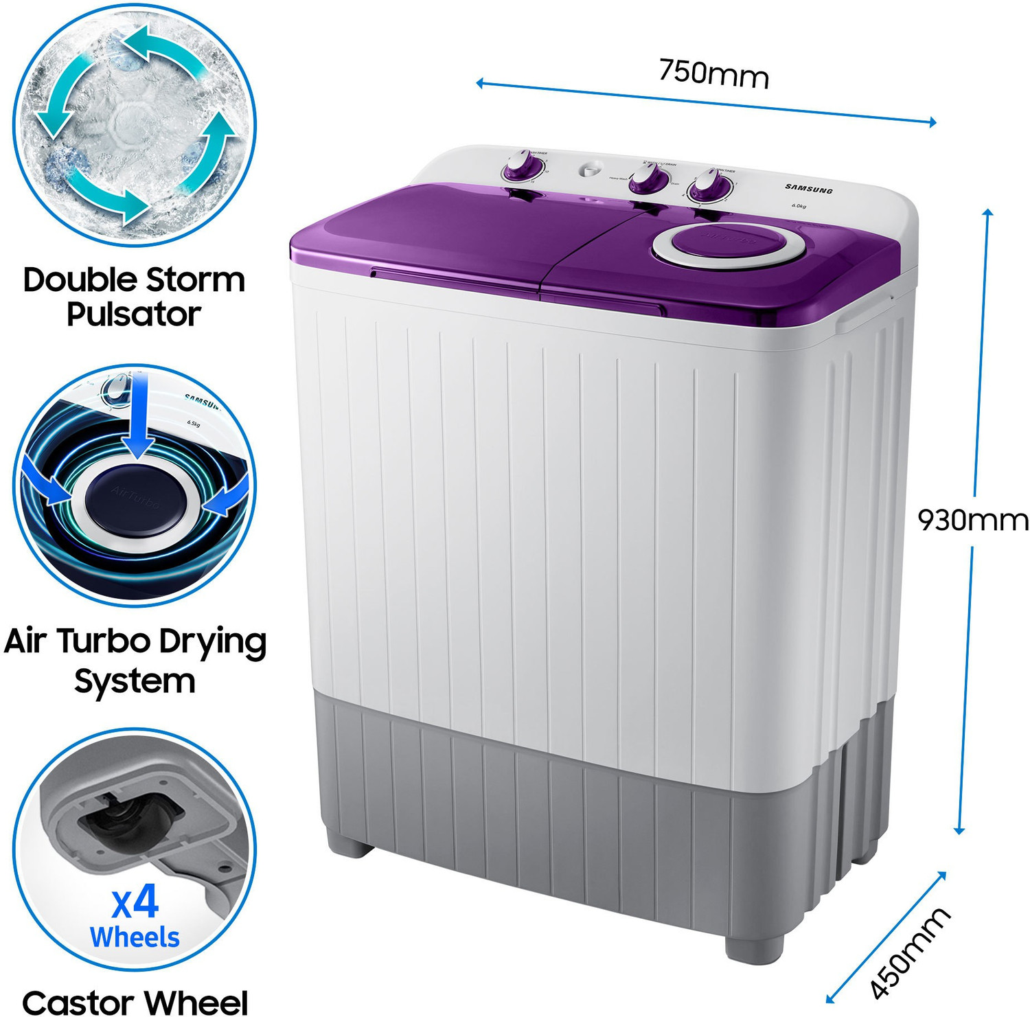 Image of Samsung 6 kg 5 star,Air Turbo Drying Semi Automatic Top Load Washing Machine White, Grey, Purple