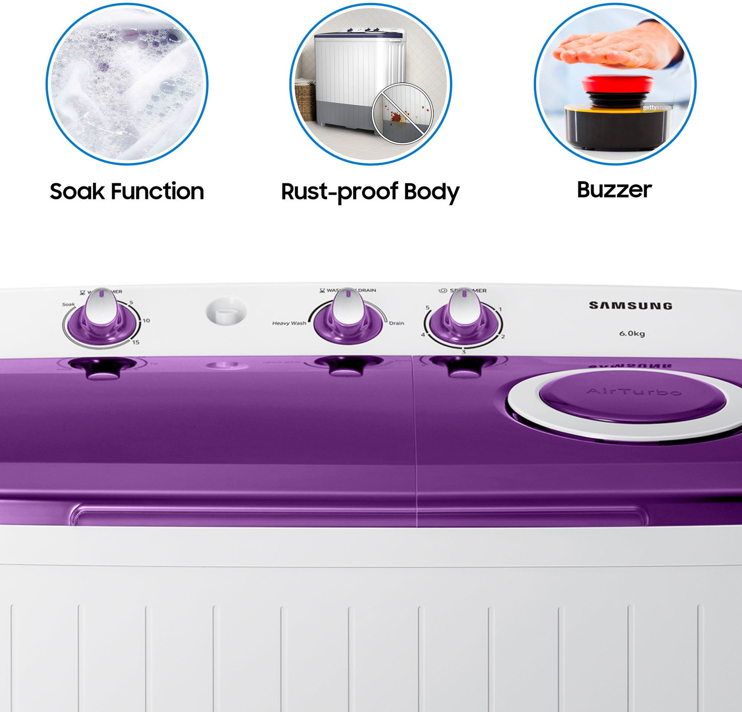 Image of Samsung 6 kg 5 star,Air Turbo Drying Semi Automatic Top Load Washing Machine White, Grey, Purple