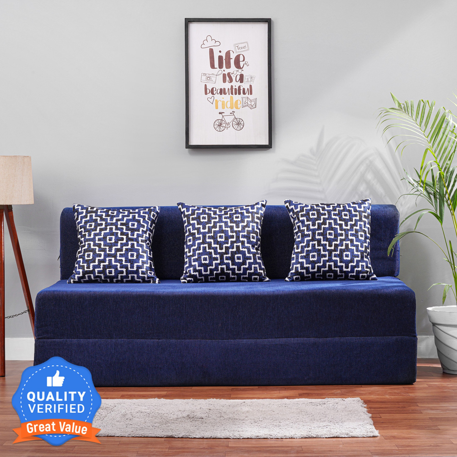 Solis Primus-comfort for all Sofa cum Bed for 3 Person- 3 Seater Chenille Fabric Washable Cover with 3 Cushion (MULTI SQR)- Blue Double Sofa Bed