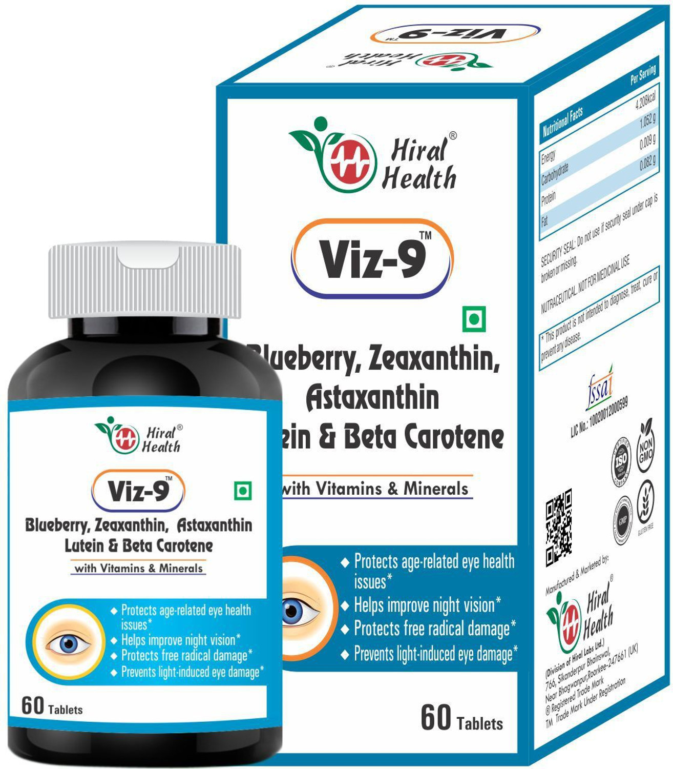 Image of Hiral Health Viz-9 Tablets: Eye Supplement with Vitamin A, Lutein, Zeaxanthin Vision Care