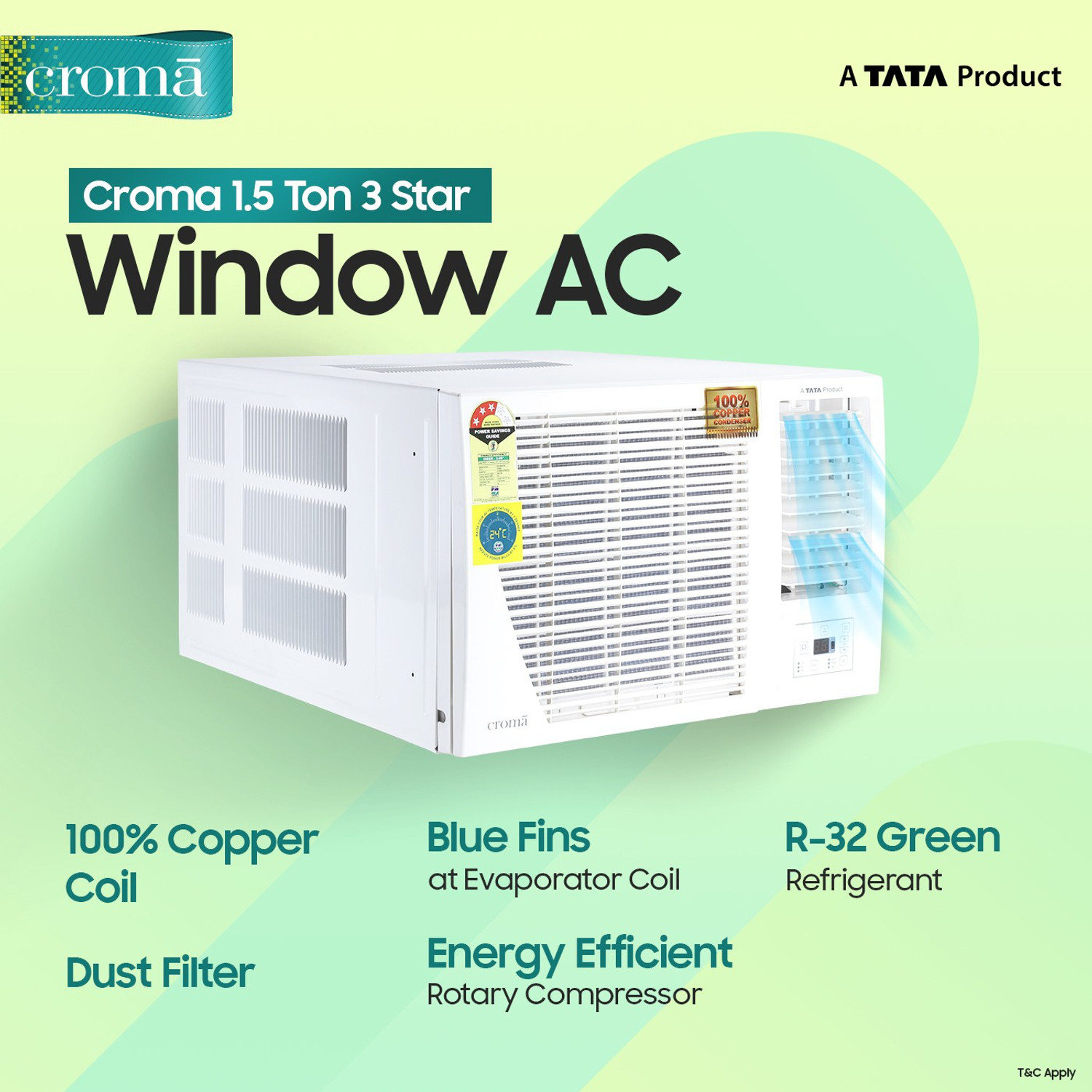 Image of Croma 2022 Model 1.5 Ton 3 Star Window R-32 Green Refrigerent, Dust Filter AC