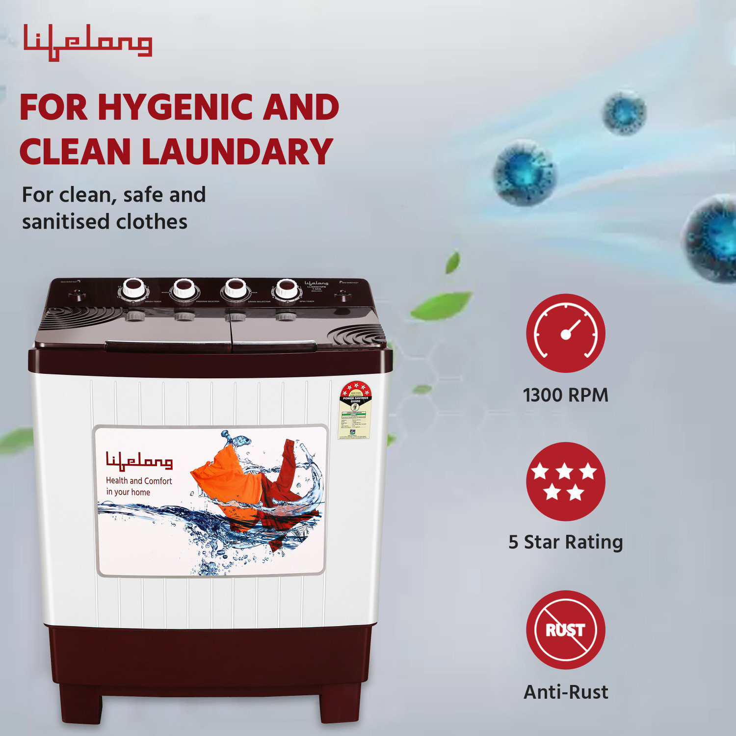 Image of Lifelong 7.5 kg Semi Automatic Top Load Washing Machine Maroon, White