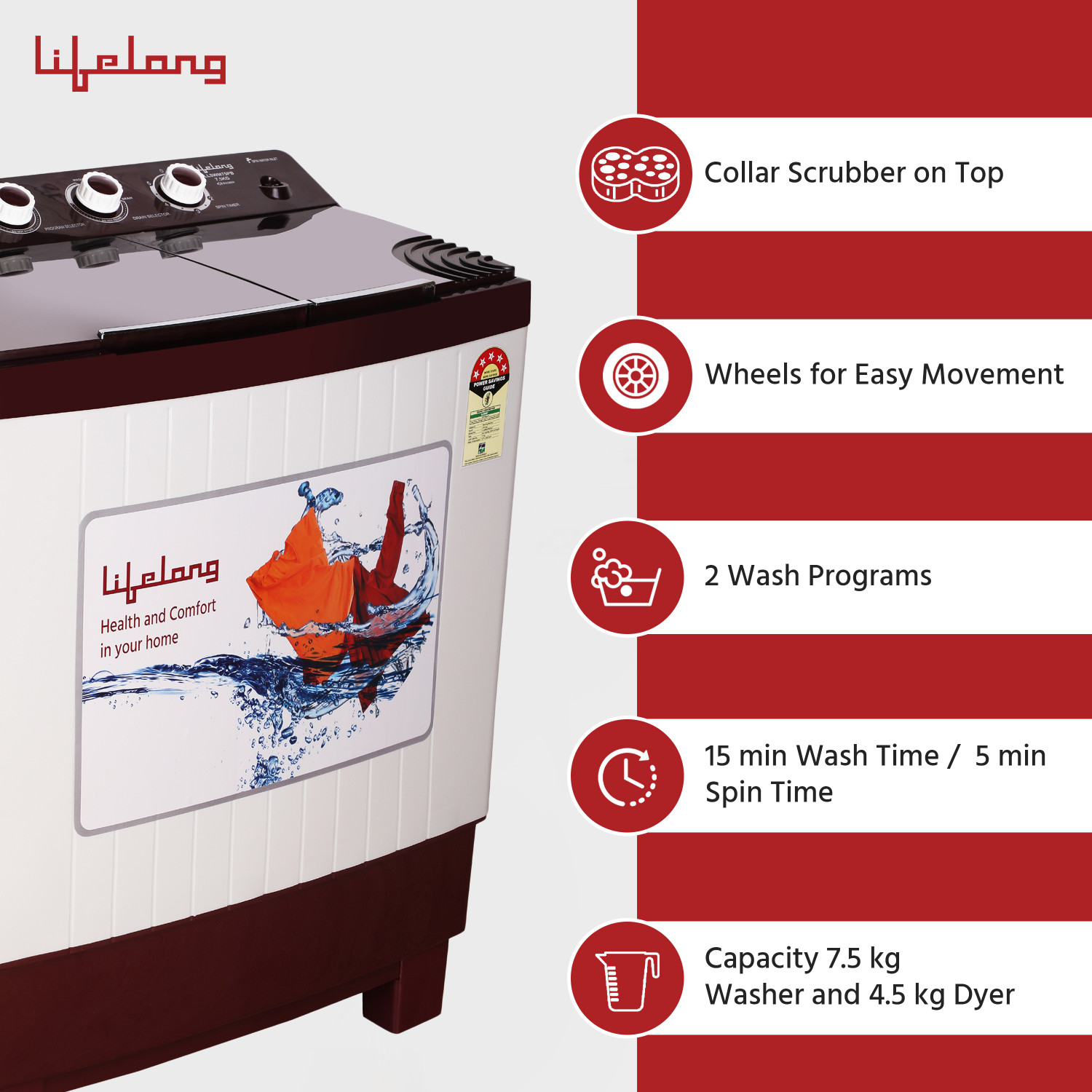 Image of Lifelong 7.5 kg Semi Automatic Top Load Washing Machine Maroon, White