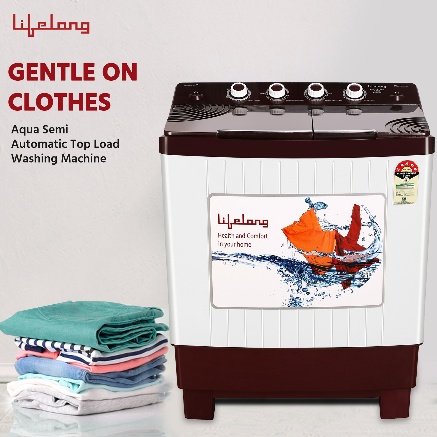 Image of Lifelong 7.5 kg Semi Automatic Top Load Washing Machine Maroon, White