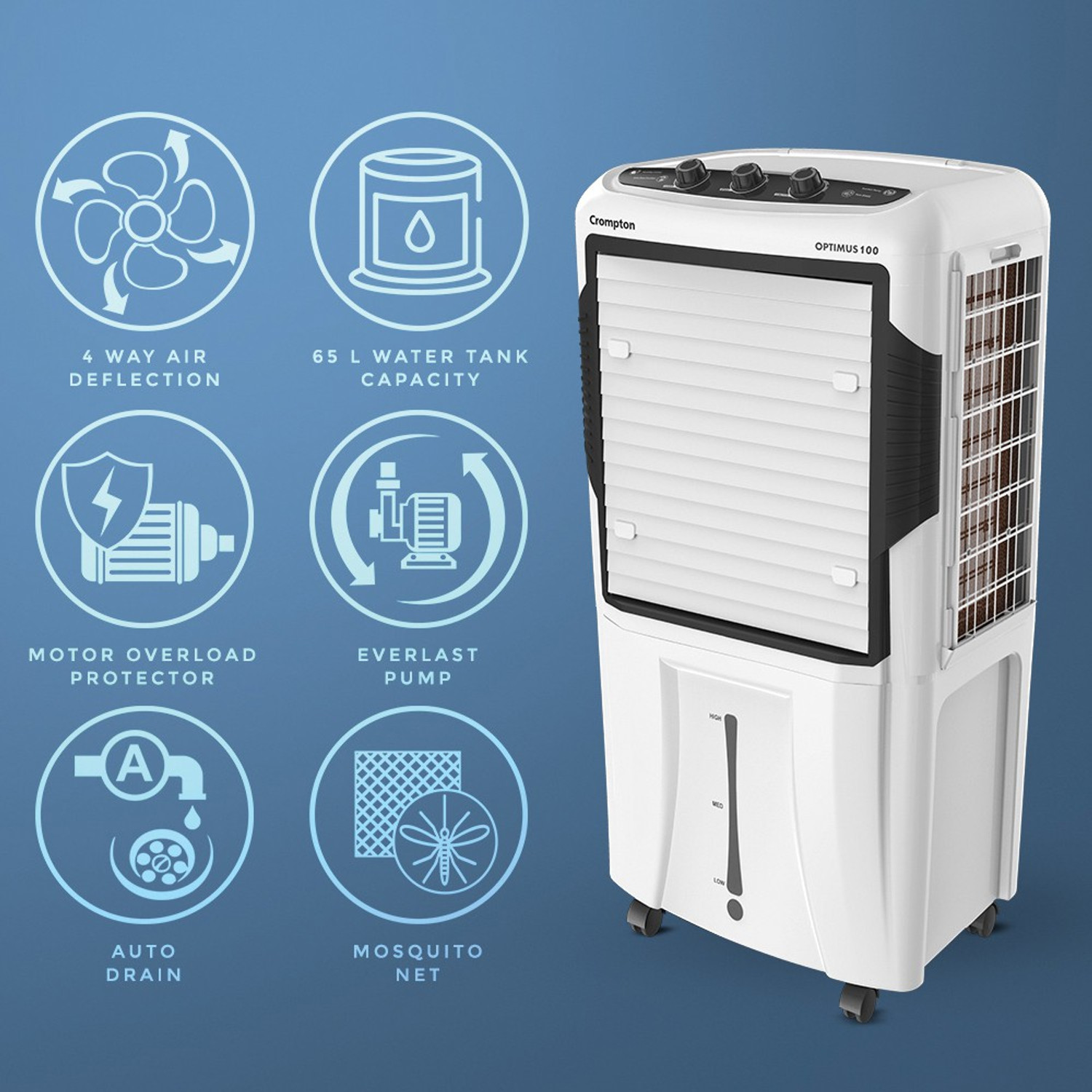Image of Crompton 100 L Desert Air Cooler with Motor Overload Protection, Auto-drain