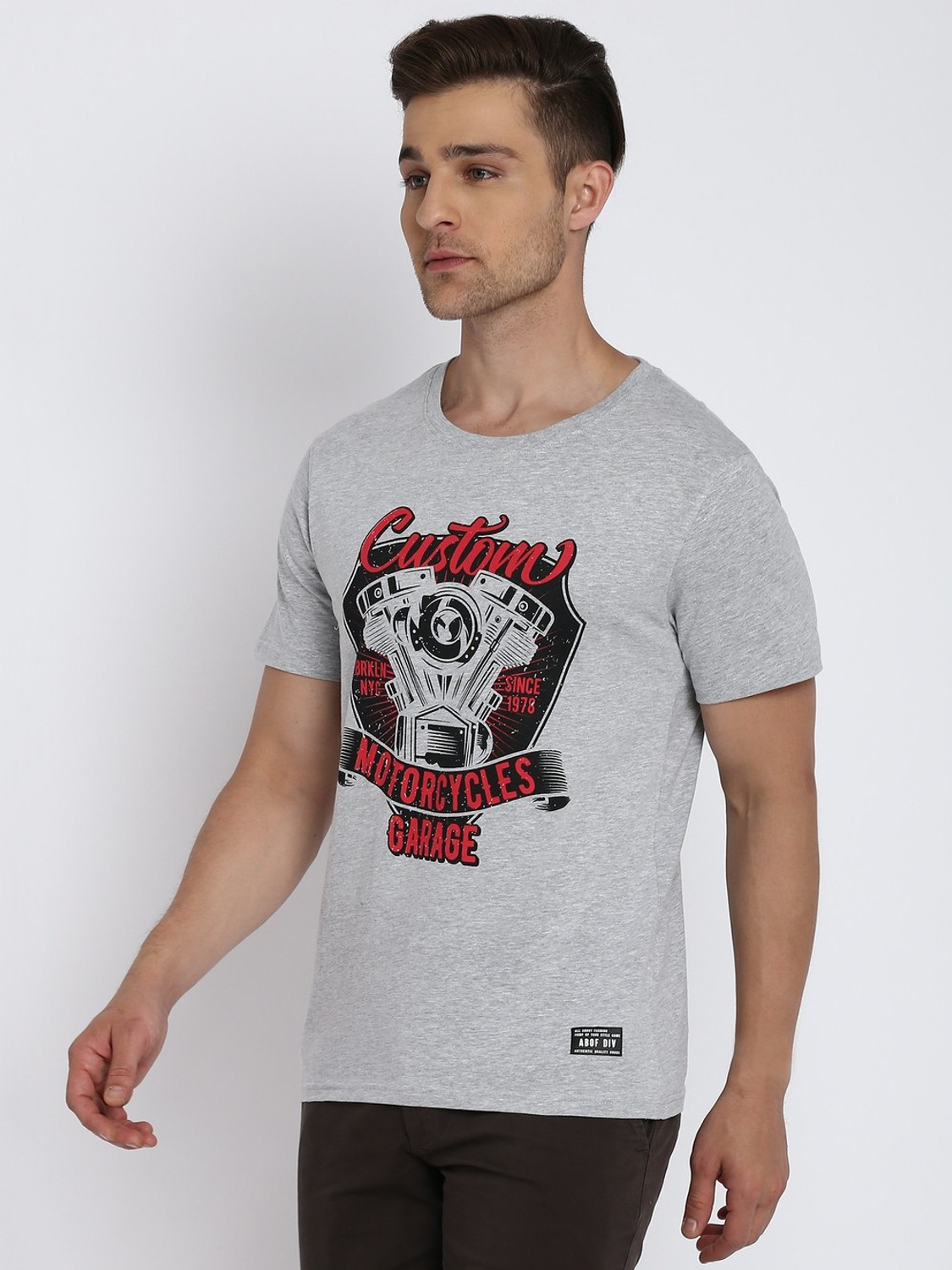 Aditya Birla abof Graphic Print Men Round Neck Grey T Shirt