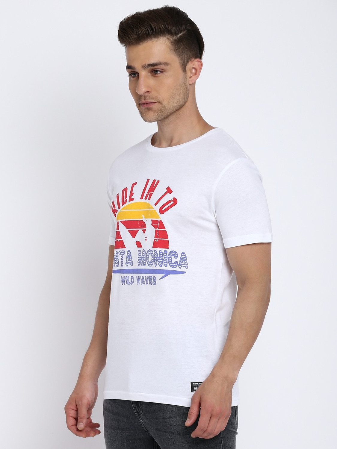 Image of Aditya Birla - abof Printed Men Round Neck White T-Shirt