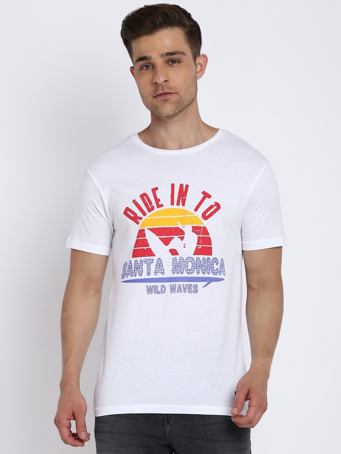 Image of Aditya Birla - abof Printed Men Round Neck White T-Shirt