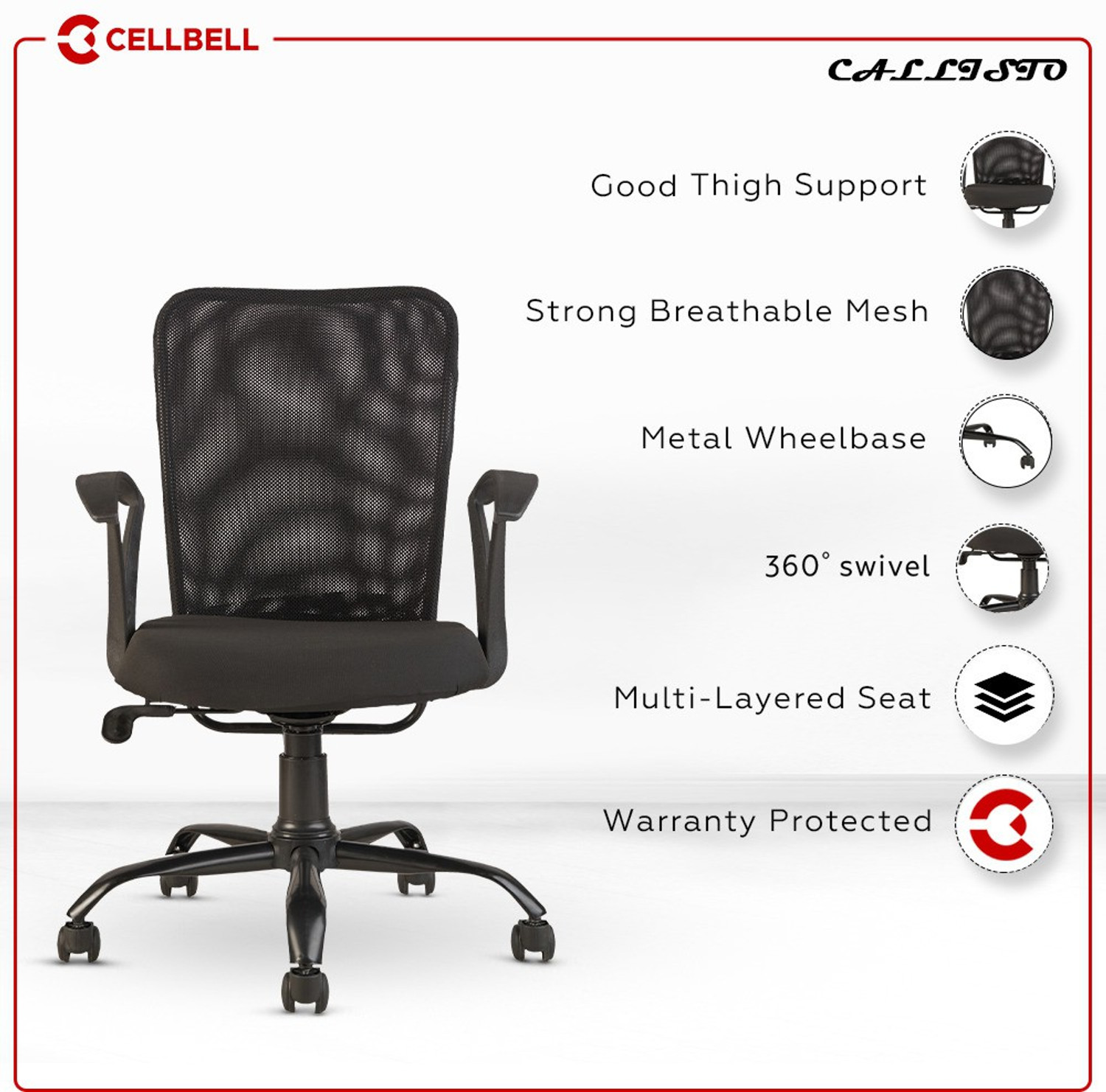 Image of CELLBELL CELLBELL Calisto C83 Mesh Mid-Back Mesh Office Arm Chair Mesh Office Arm Chair