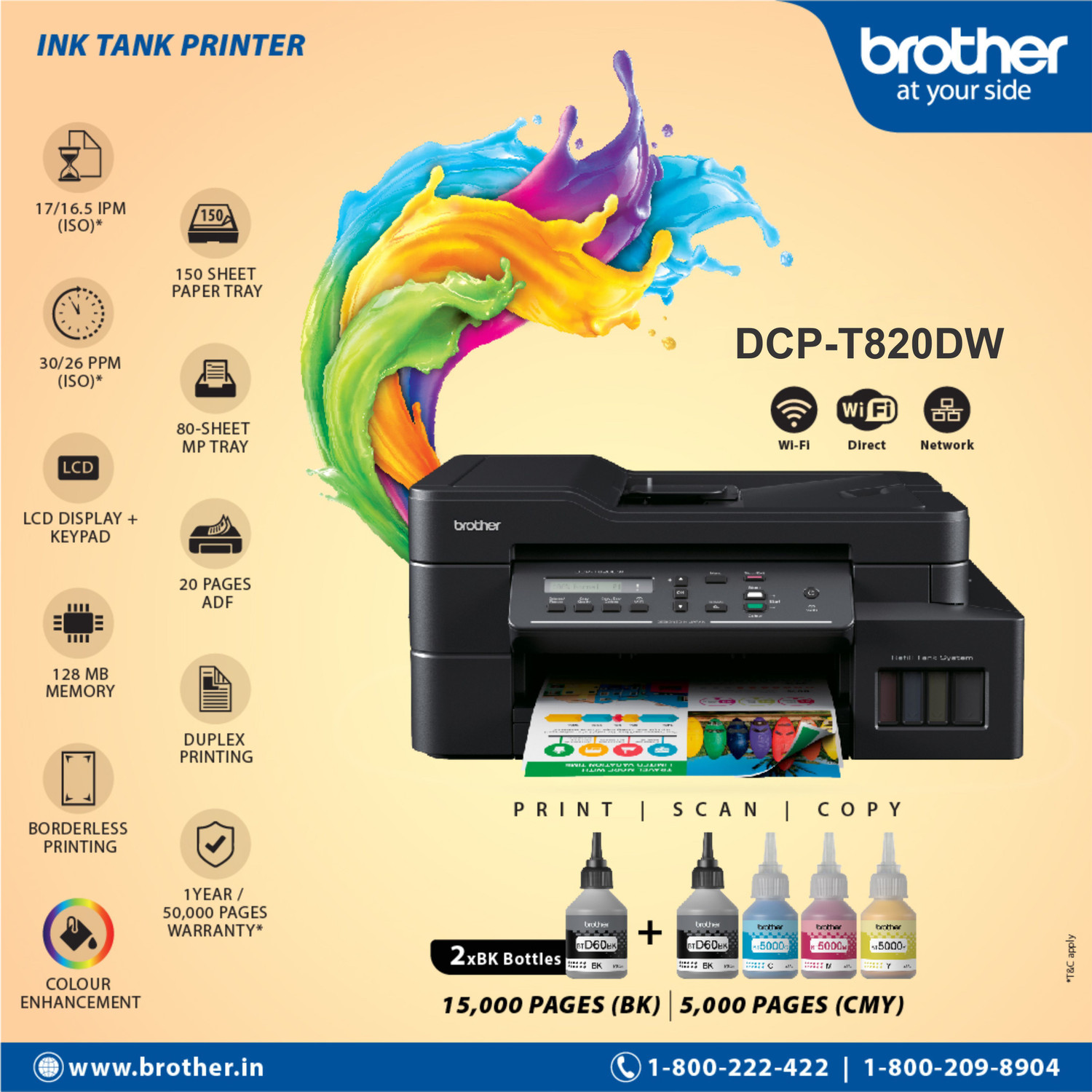 Image of brother DCP-T820DW Multi-function WiFi Color Ink Tank Printer with Auto Duplex feature ideal for Home & Office Usage