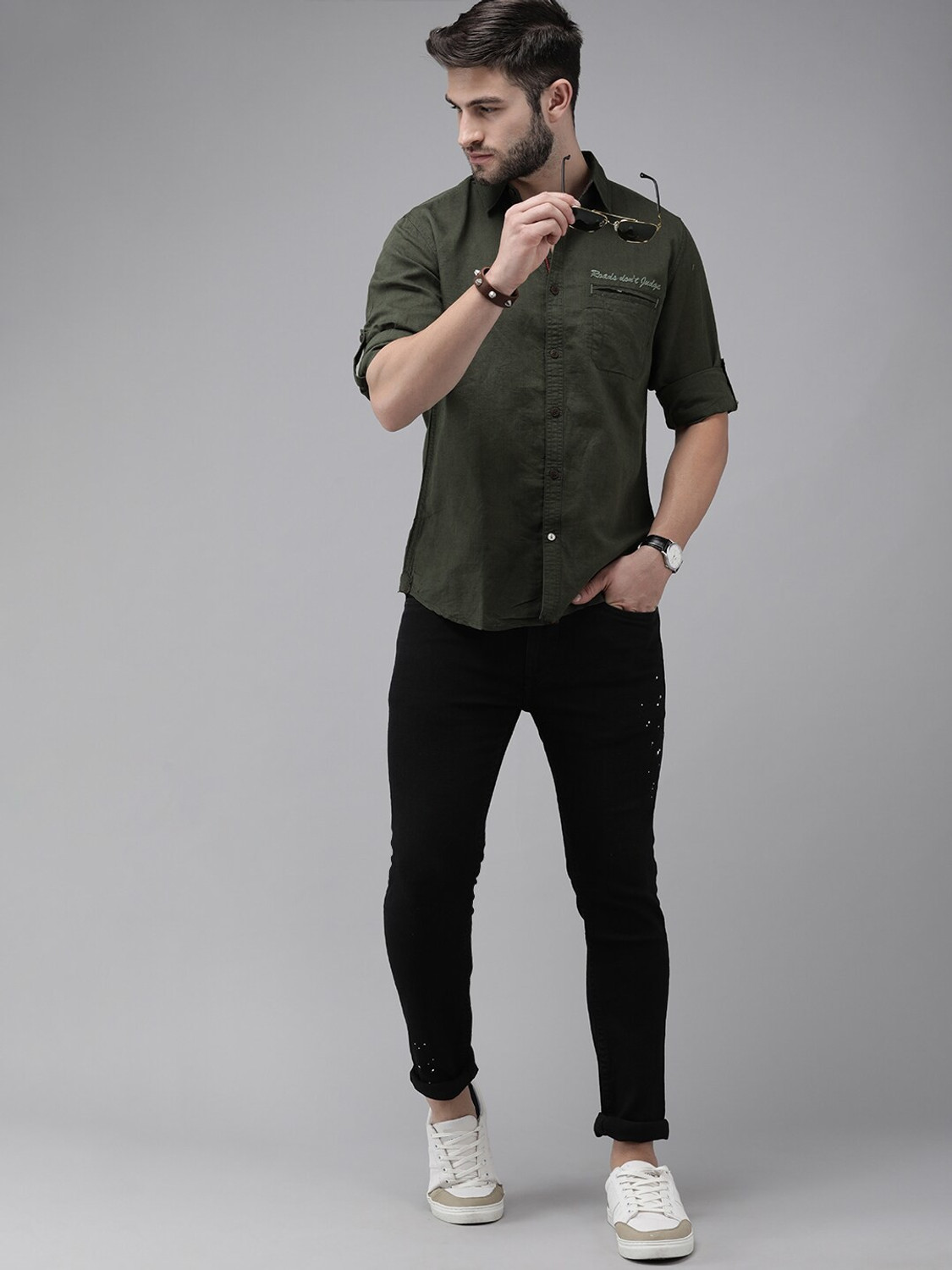 Image of Roadster Men Solid Casual Green Shirt