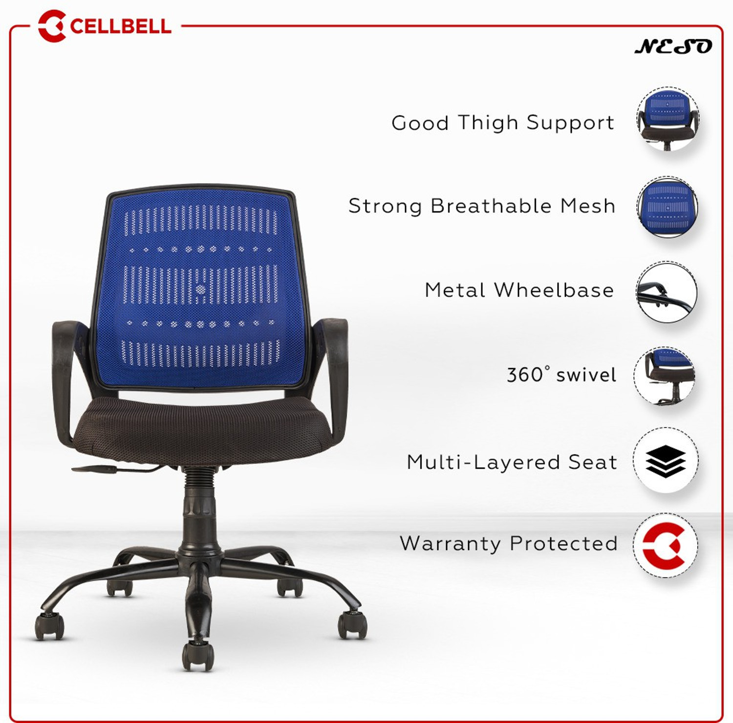 Image of CELLBELL Neso C106 Mid Back Mesh Office Executive Chair (Blue, Optional Installation Available)