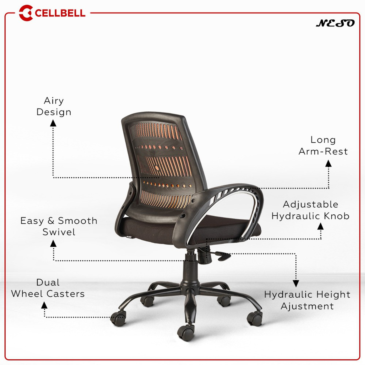 Image of CELLBELL Neso C106 Mid Back Mesh Office Executive Chair (Orange, Optional Installation Available)