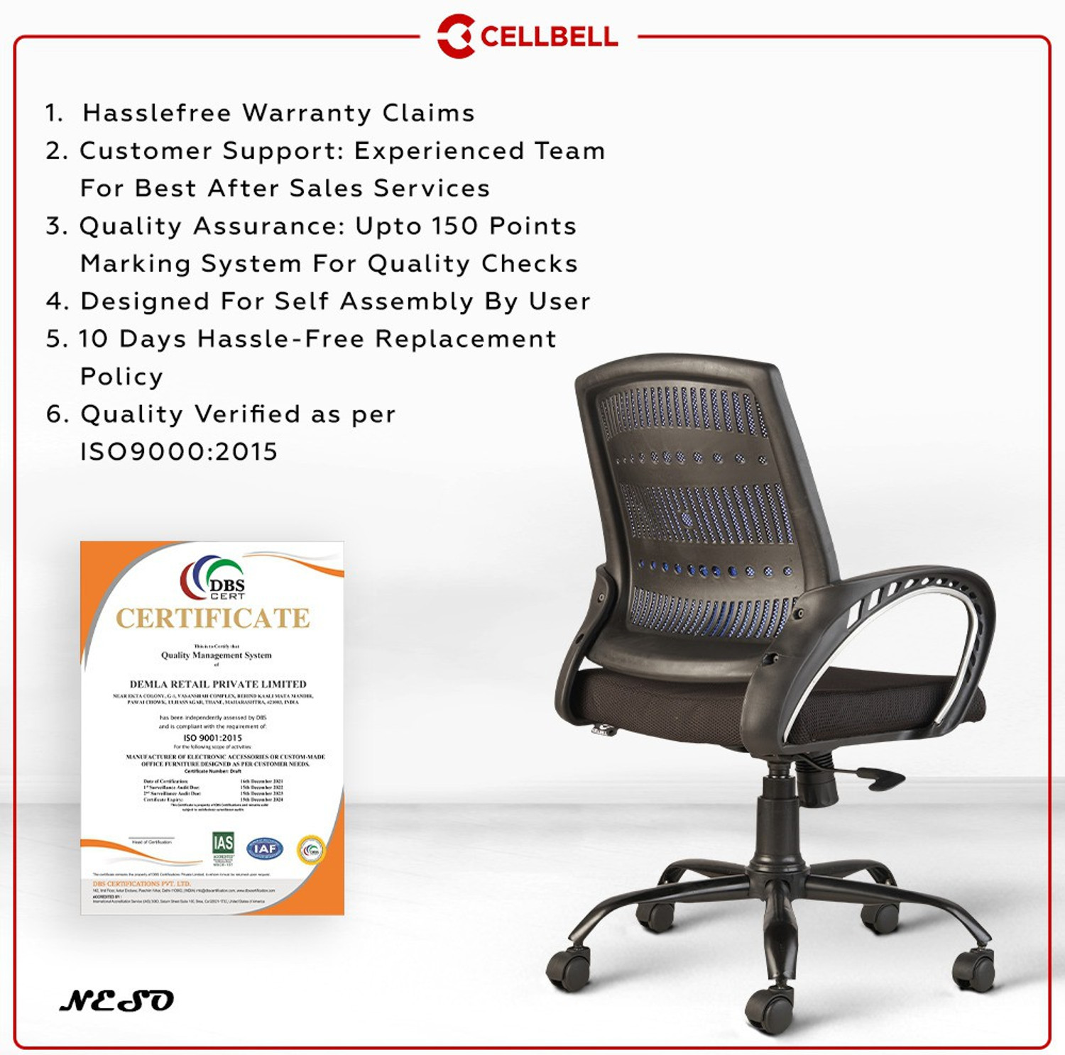 Image of CELLBELL Neso C106 Mid Back Mesh Office Executive Chair (Blue, Optional Installation Available)