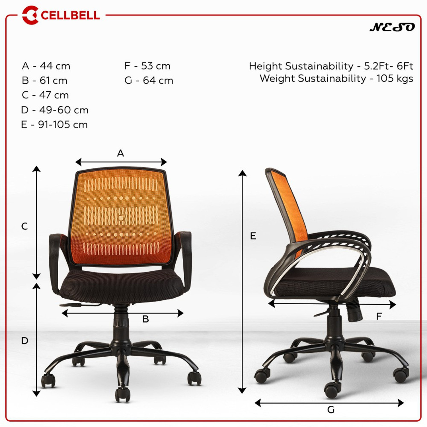 Image of CELLBELL Neso C106 Mid Back Mesh Office Executive Chair (Orange, Optional Installation Available)