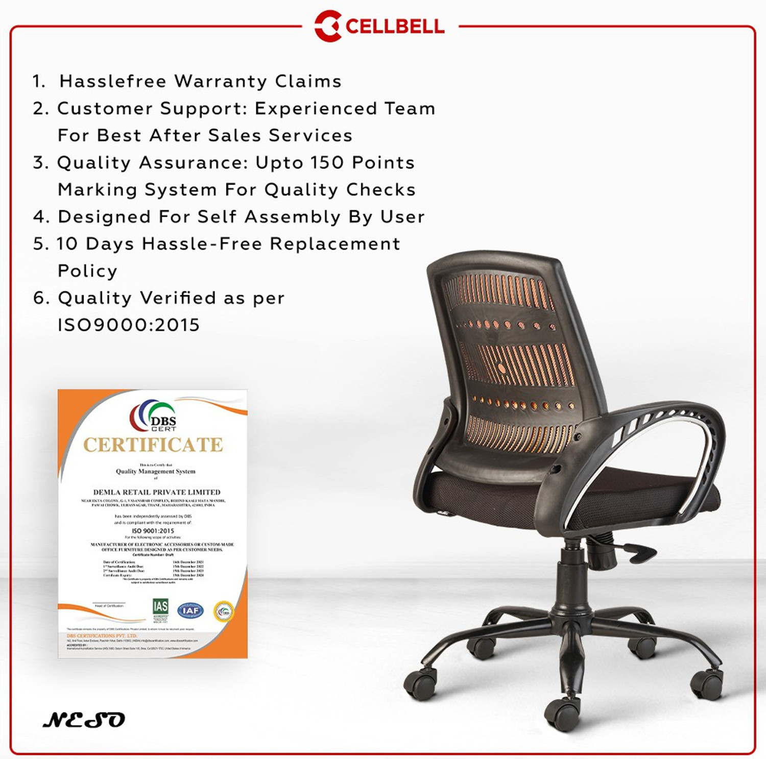 Image of CELLBELL Neso C106 Mid Back Mesh Office Executive Chair (Orange, Optional Installation Available)
