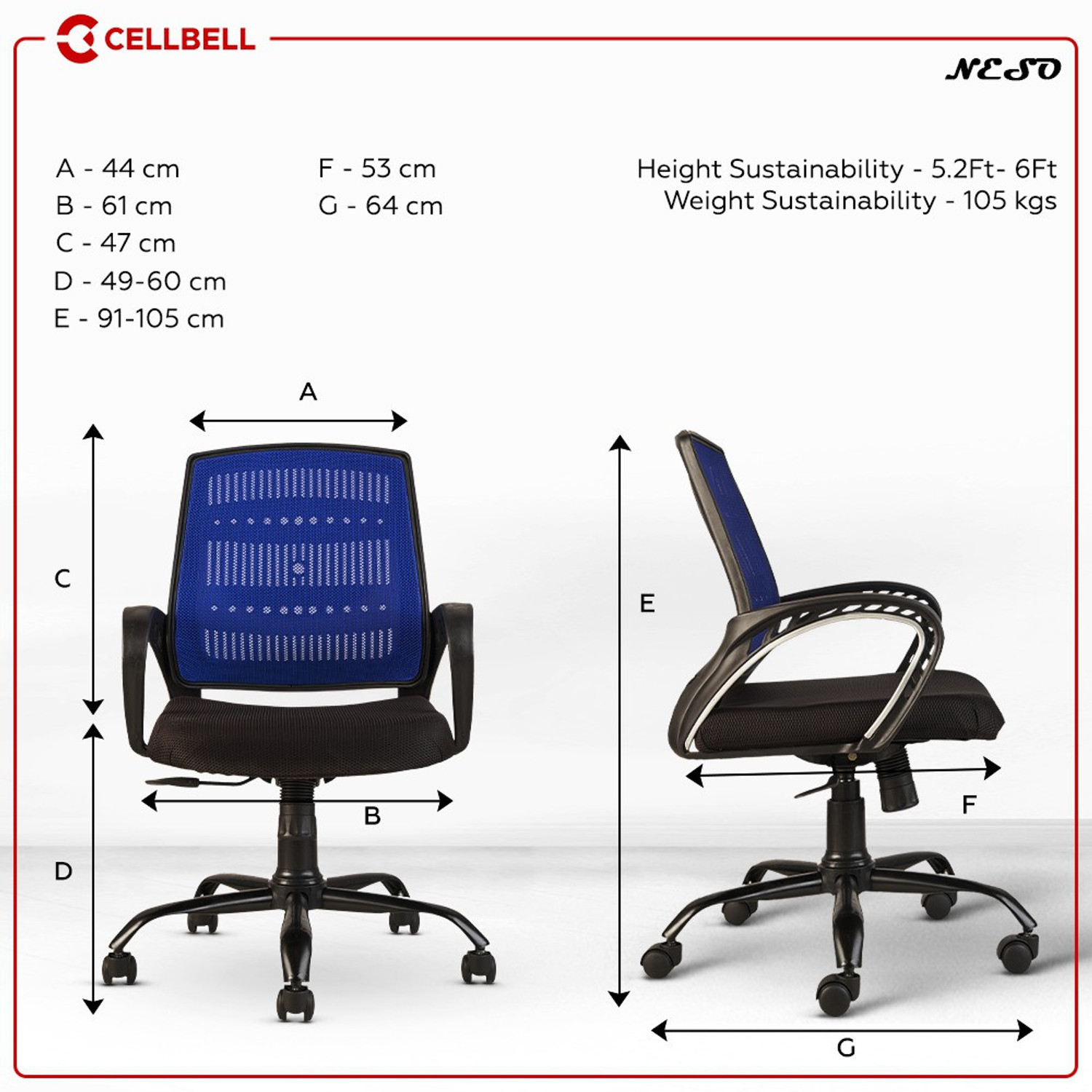 Image of CELLBELL Neso C106 Mid Back Mesh Office Executive Chair (Blue, Optional Installation Available)