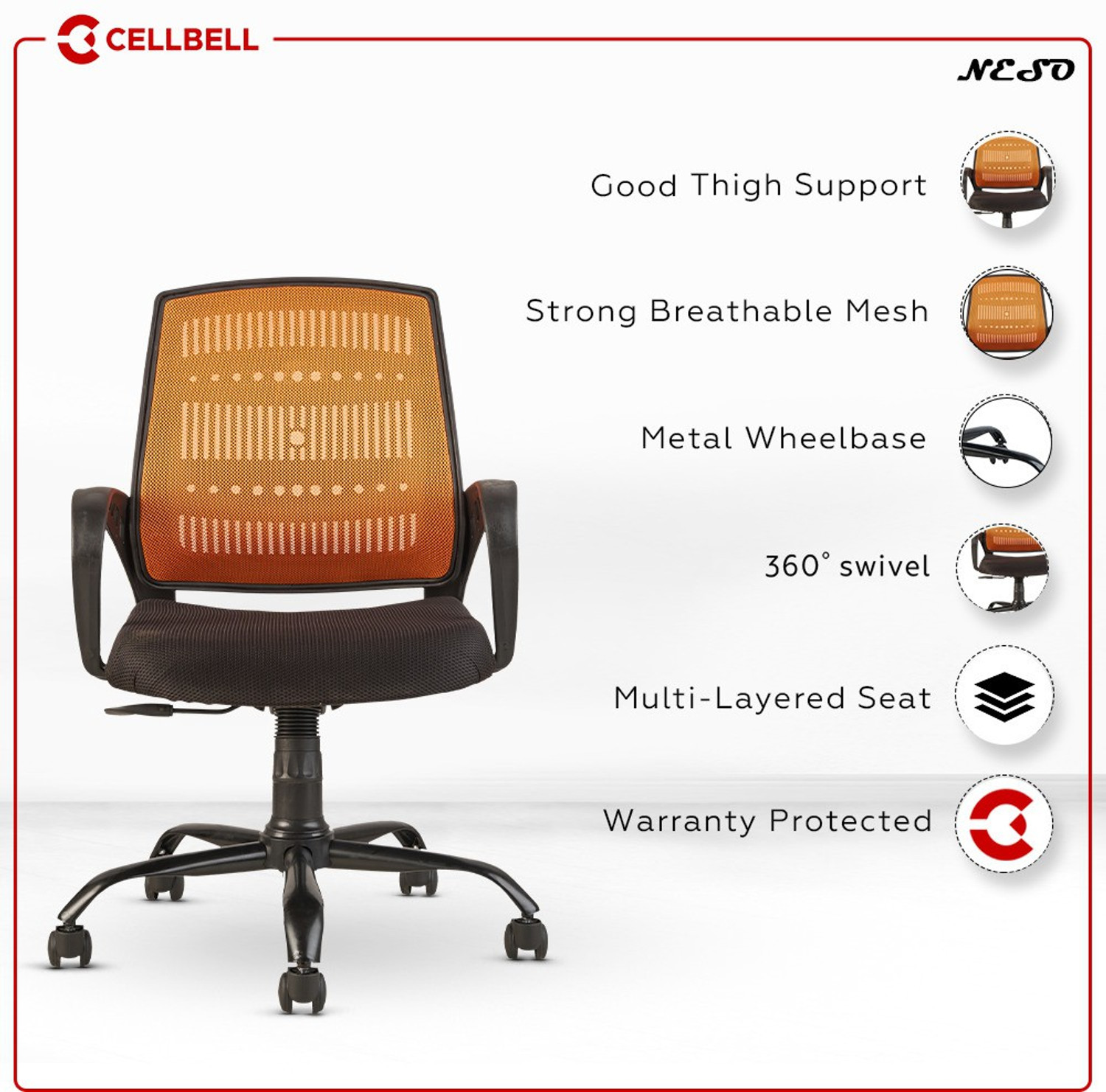 Image of CELLBELL Neso C106 Mid Back Mesh Office Executive Chair (Orange, Optional Installation Available)