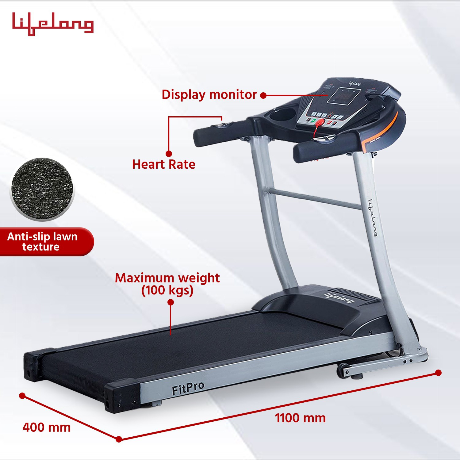 Image of Lifelong Fit Pro 4 hp with Heart Rate Sensor Motorized Treadmill (Max Weight:100 kg)