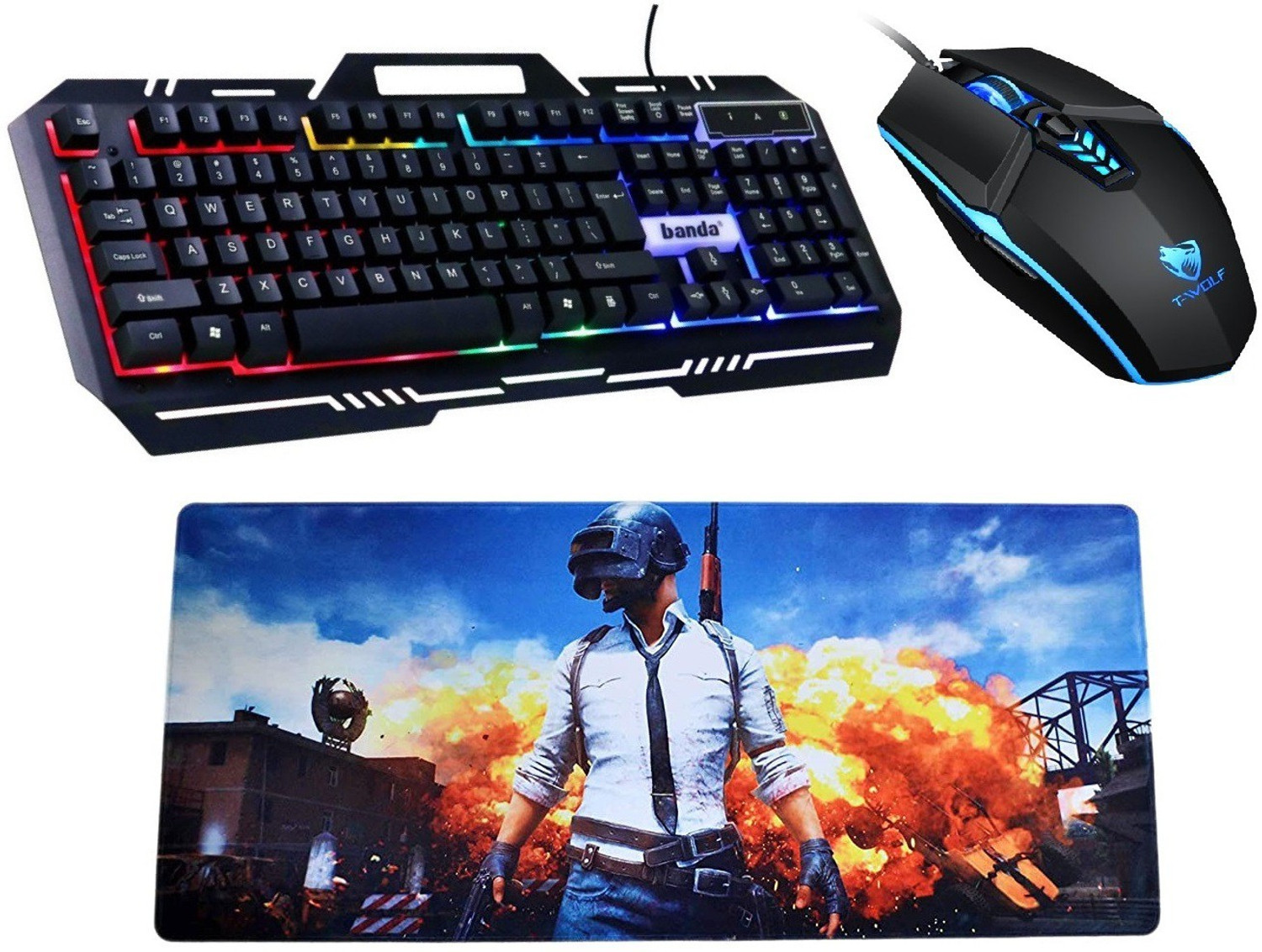 Image of FKU RGB GAMING KEYBOARD, TWOLF RGB 3200DPI WIRED GAMING MOUSE, 800X300X2MM MOUSE PAD Wired USB Gaming Keyboard