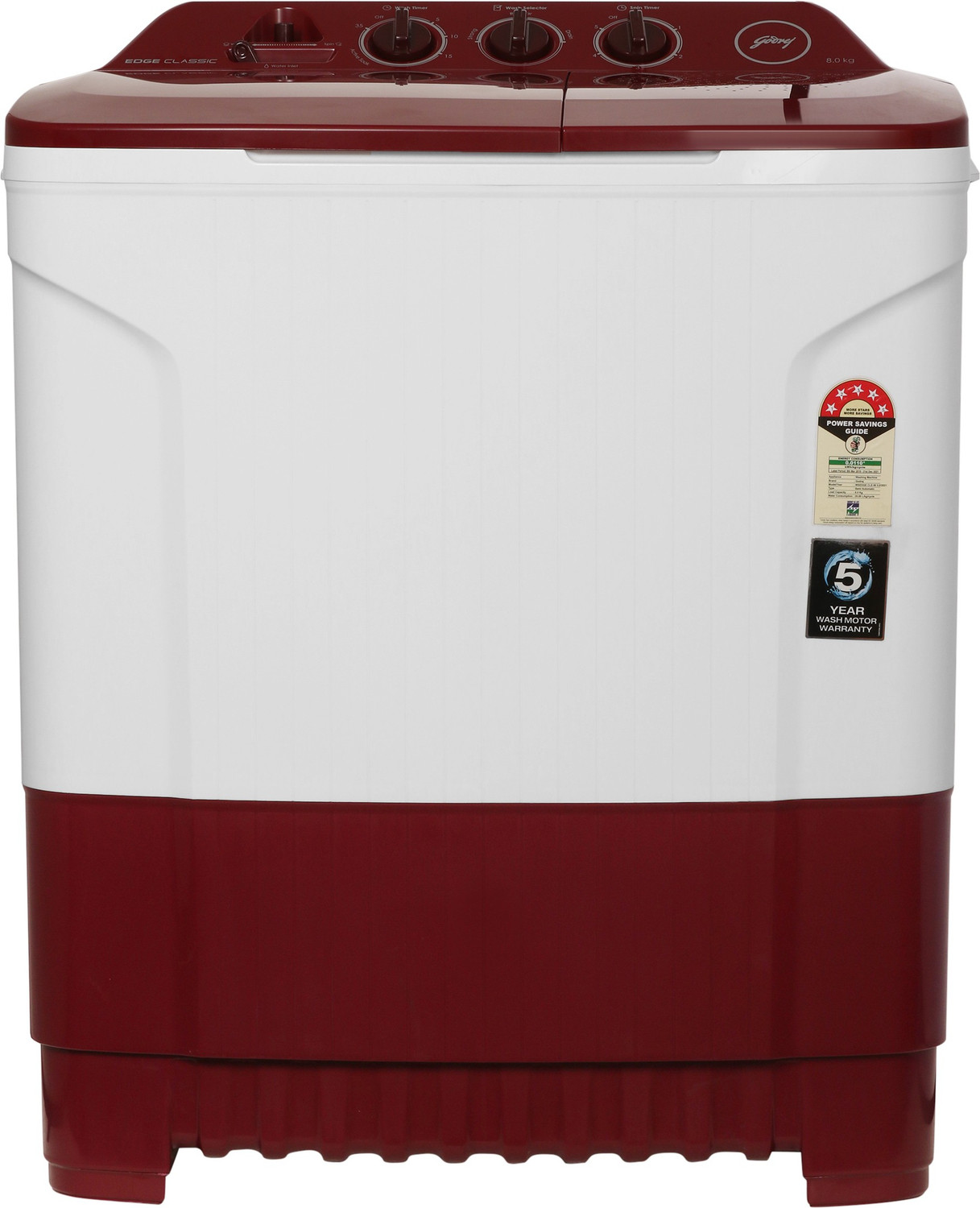 Image of Godrej 8 kg 5 Star with Huricane dry spin Washing Machine Semi Automatic Top Load Red, White