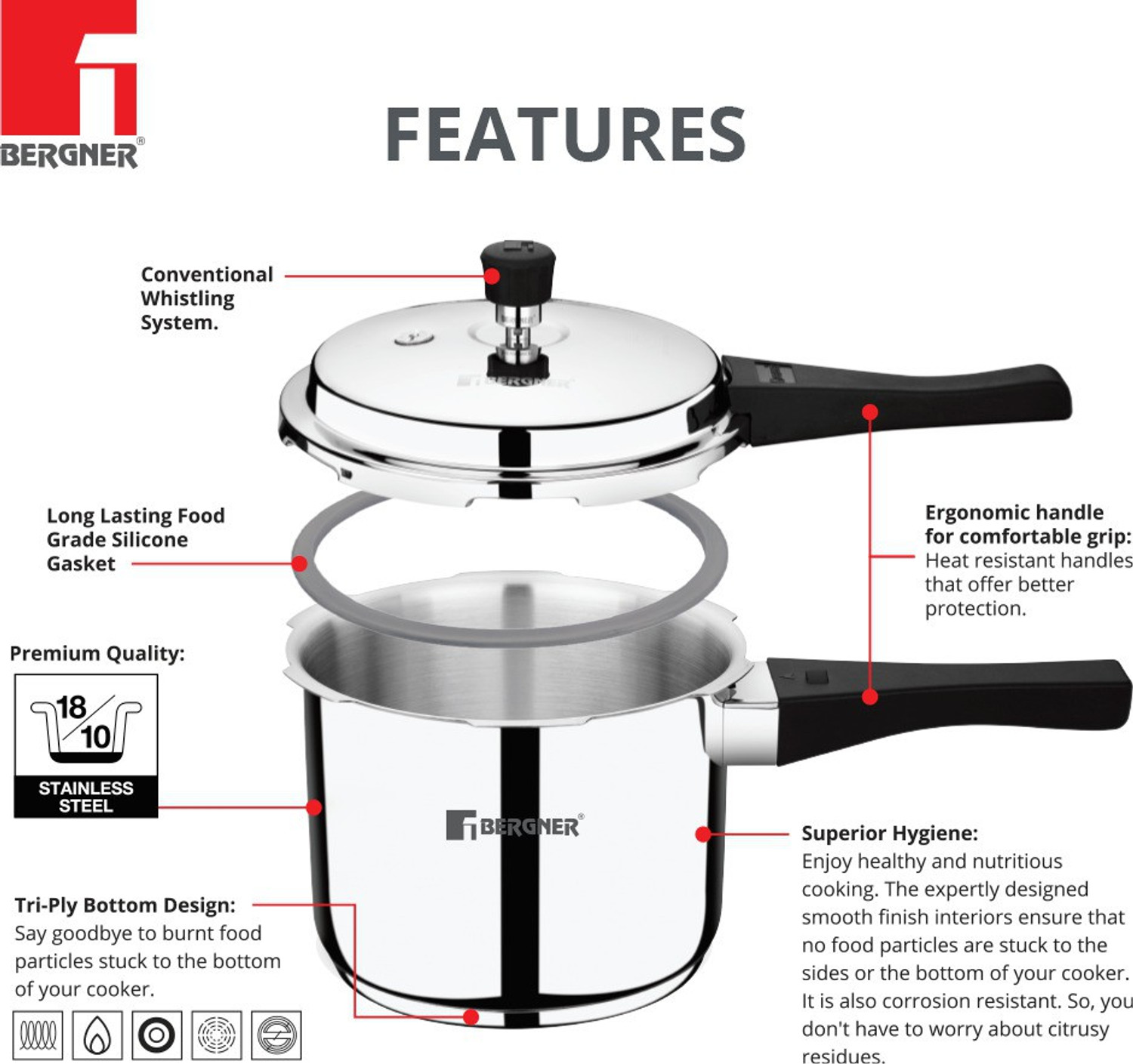 Image of BERGNER Sorrento Triply Bottom Outer Lid 3 L Outer Lid Induction Bottom Pressure Cooker