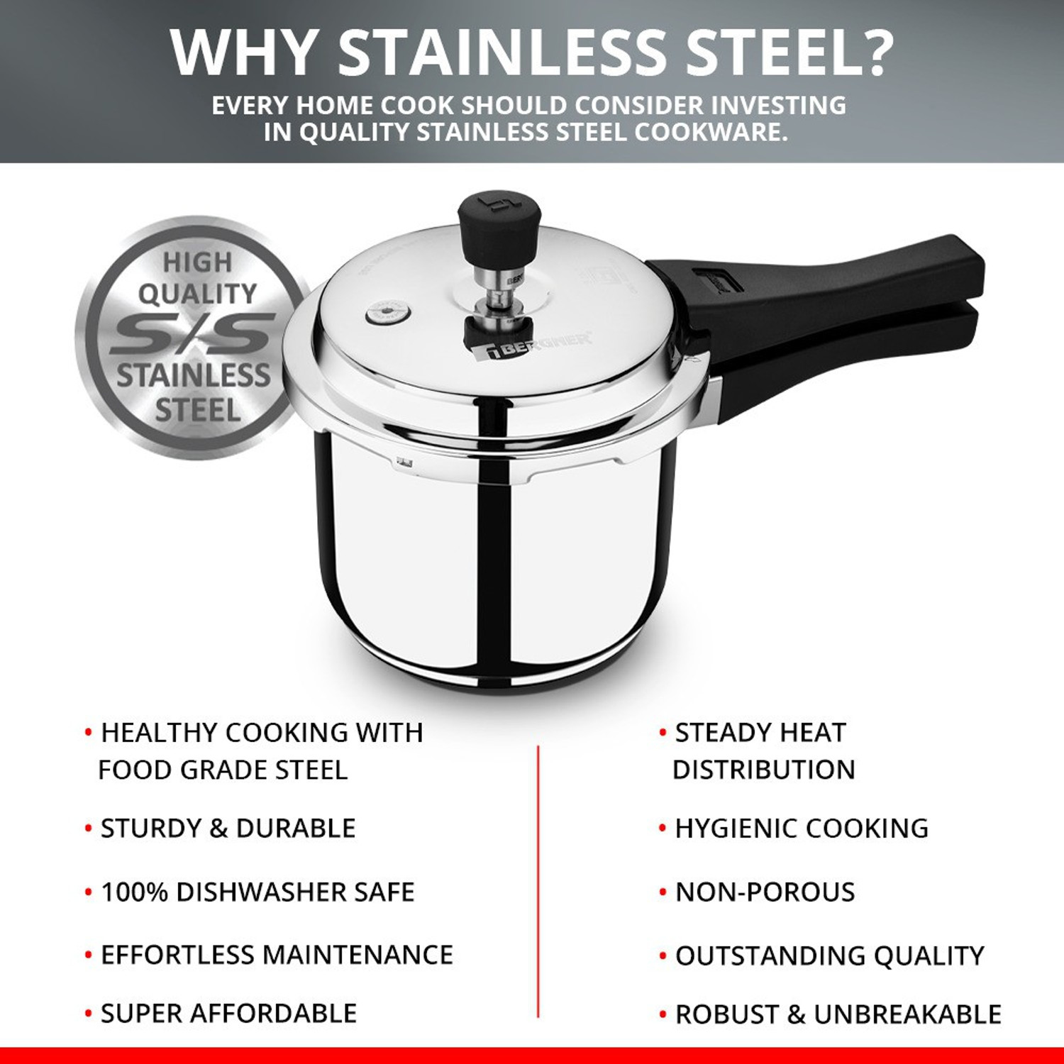 Image of BERGNER Sorrento Triply Bottom Outer Lid 3 L Outer Lid Induction Bottom Pressure Cooker