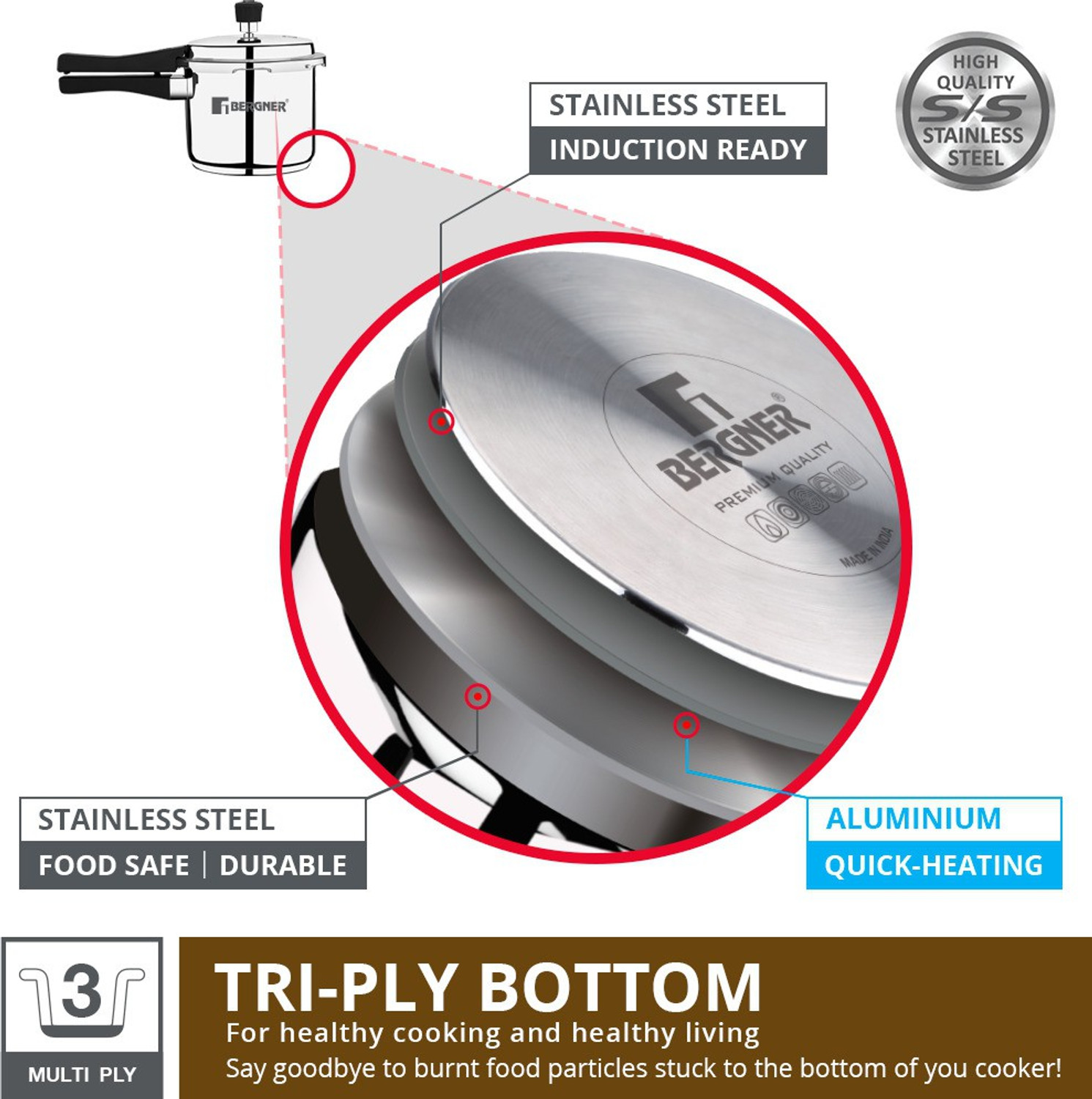 Image of BERGNER Sorrento Triply Bottom Outer Lid 3 L Outer Lid Induction Bottom Pressure Cooker