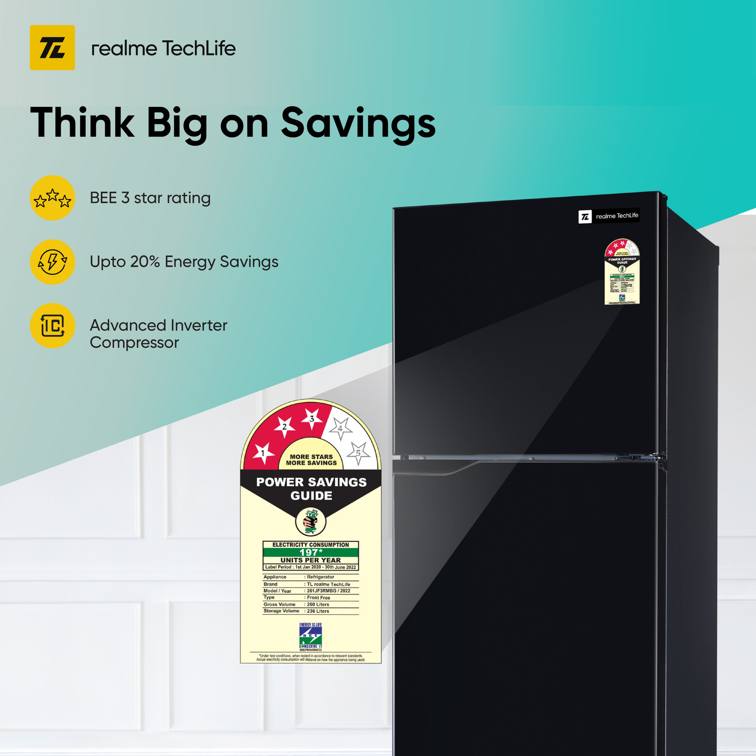 Image of realme TechLife 260 L Frost Free Double Door 3 Star Refrigerator