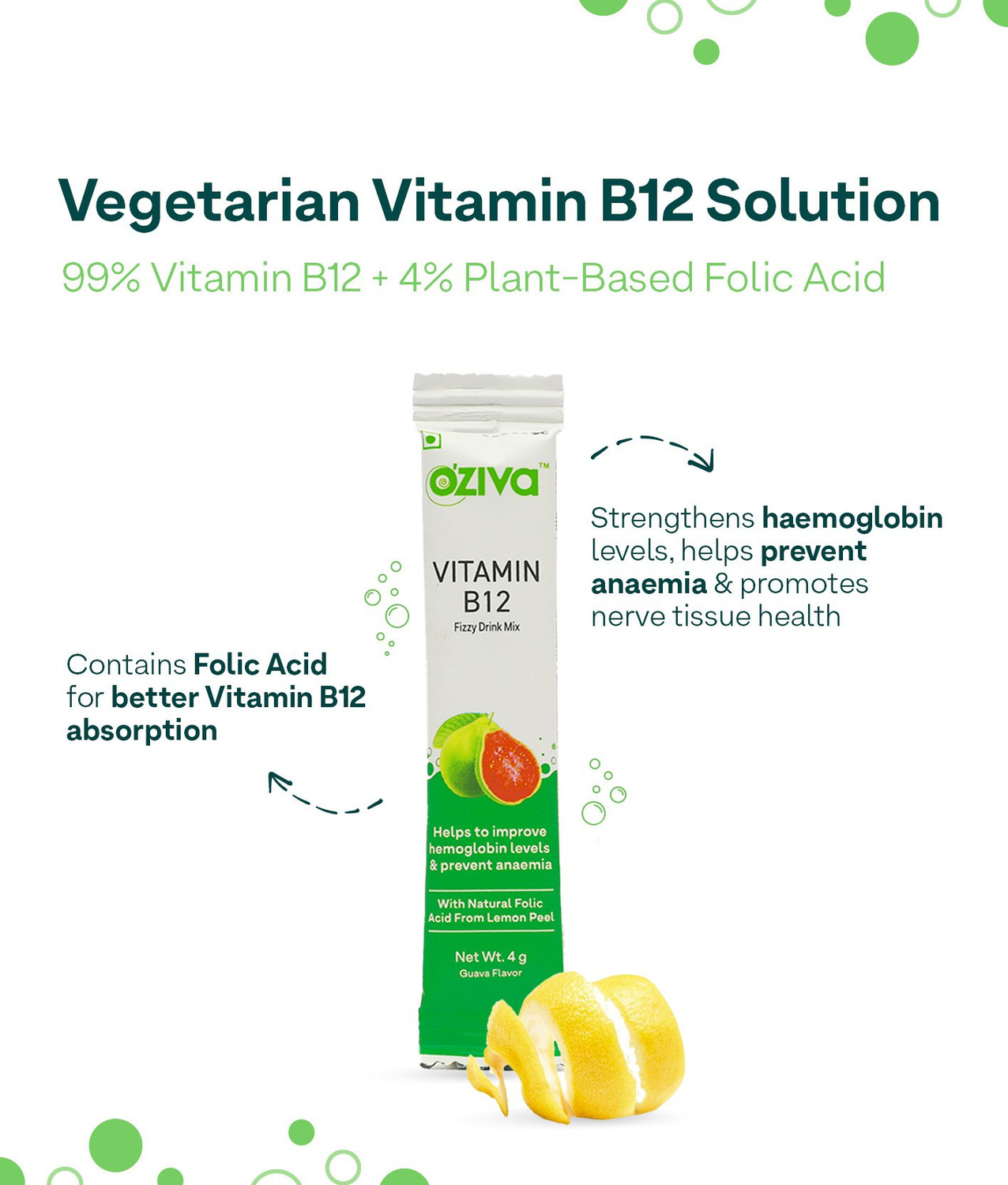 Image of OZiva Vitamin B12 Fizzy Drink Mix,100% RDA of 2.2mcg Vitamin B12, Pack of 1,15 Sachets