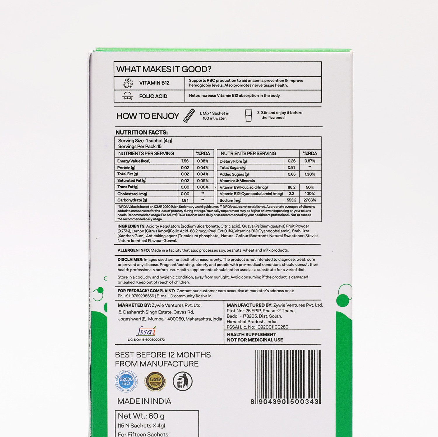 Image of OZiva Vitamin B12 Fizzy Drink Mix,100% RDA of 2.2mcg Vitamin B12, Pack of 1,15 Sachets