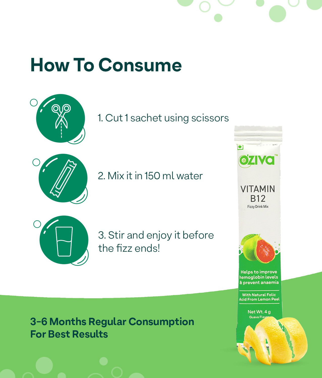 Image of OZiva Vitamin B12 Fizzy Drink Mix,100% RDA of 2.2mcg Vitamin B12, Pack of 1,15 Sachets