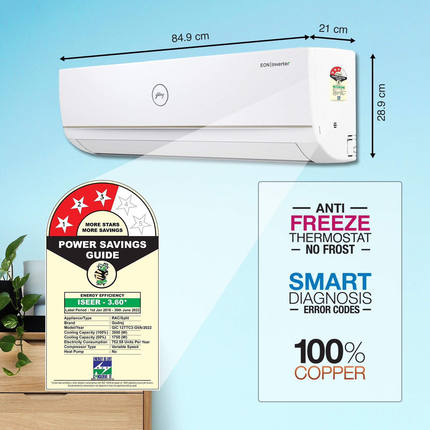 Image of Godrej 2022 Model 1 Ton 3 Star Split Inverter With Anti-Virus Protection AC