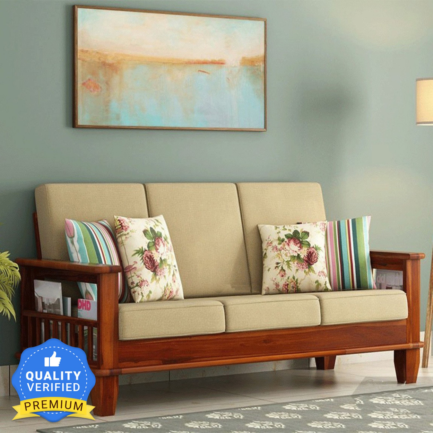 Taskwood Furniture Solid Wooden Fabric Three Seater Sofa Set With Cush