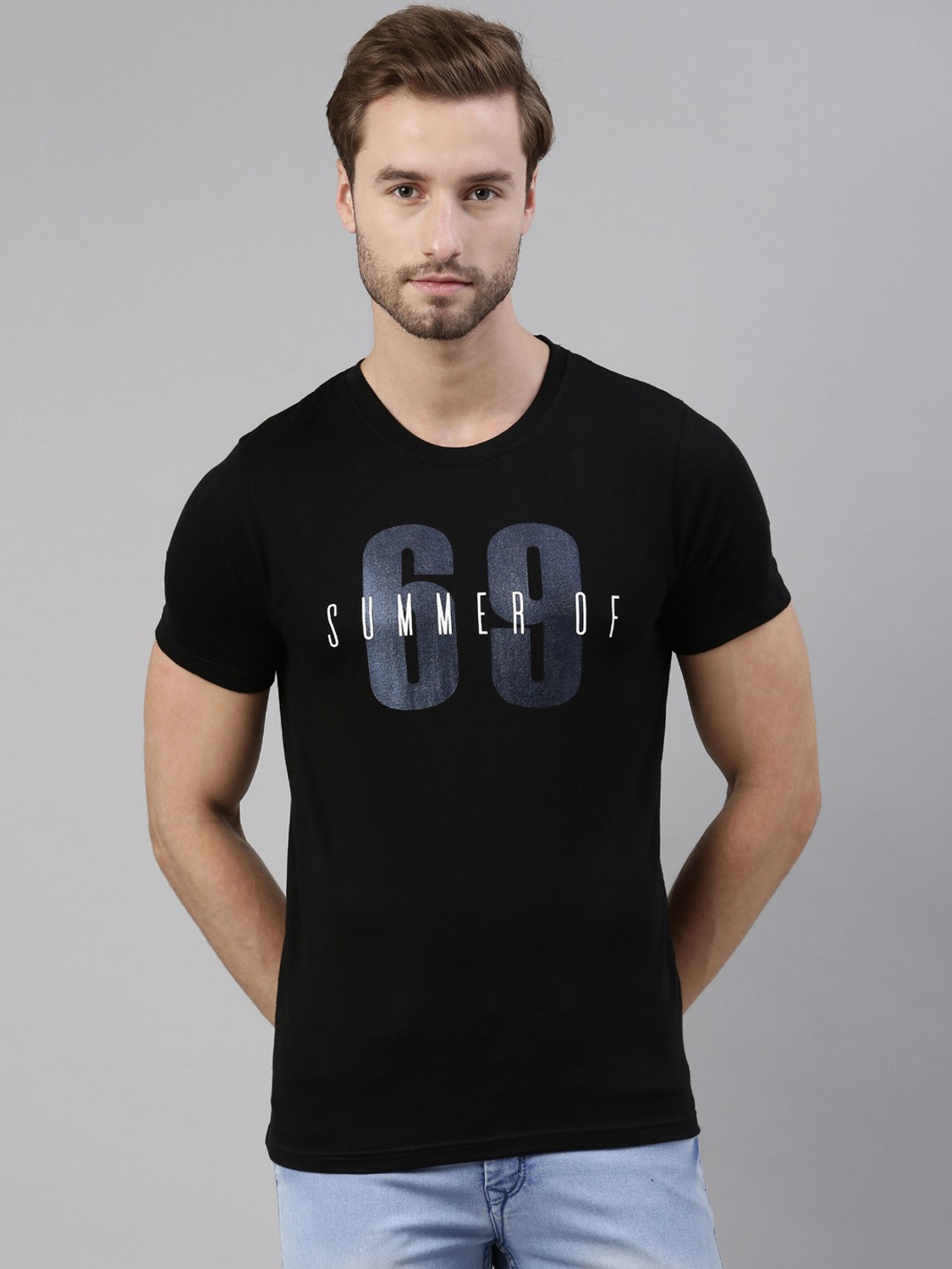 Image of JOVEN Typography Men Round Neck Black T-Shirt