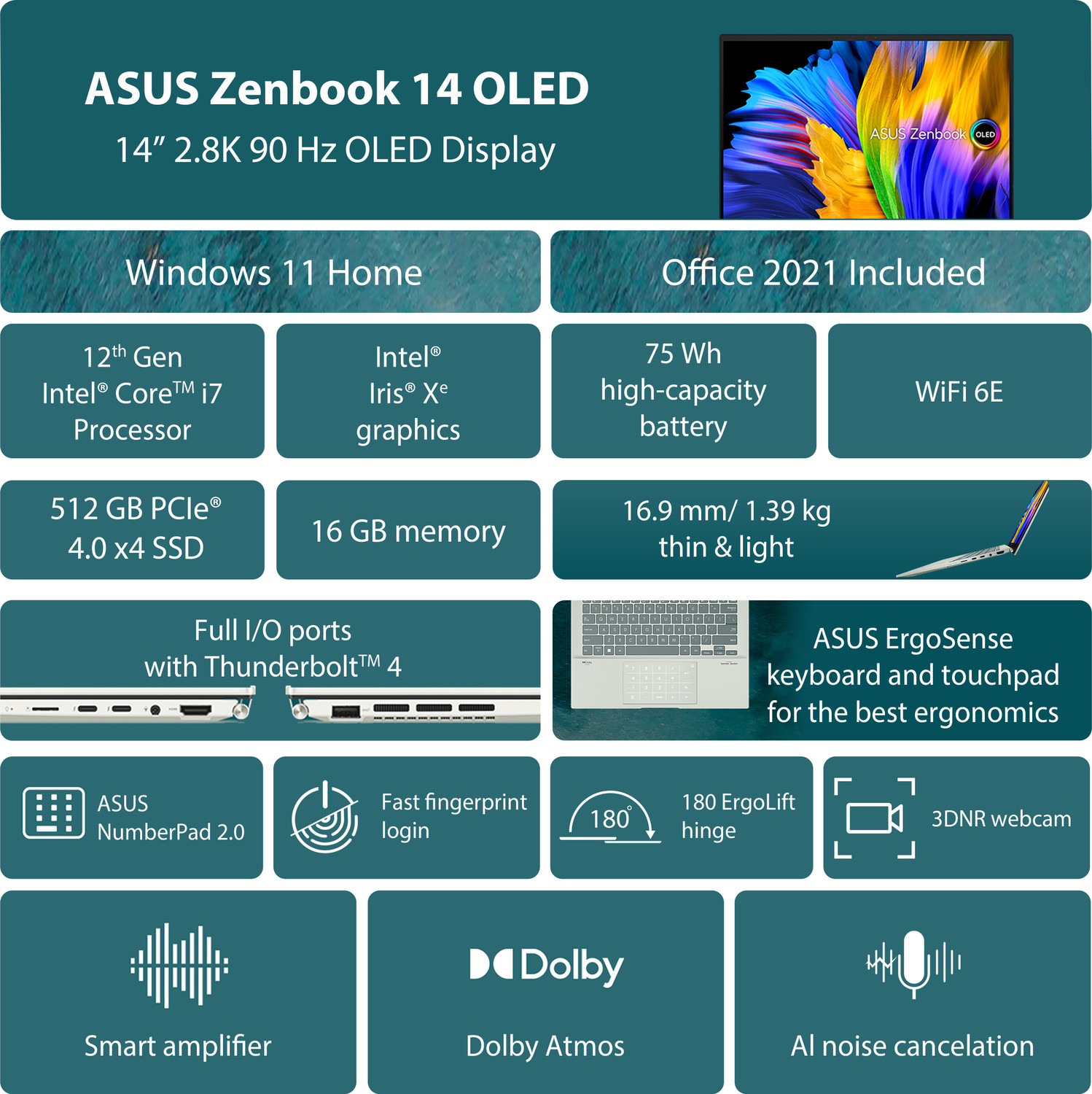 Image of ASUS Zenbook 14 OLED Intel EVO P-Series Intel Core i7 12th Gen 1260P - (16 GB /512 GB SSD /Windows 11 Home) UX3402ZA-KM731WS Thin and Light Laptop