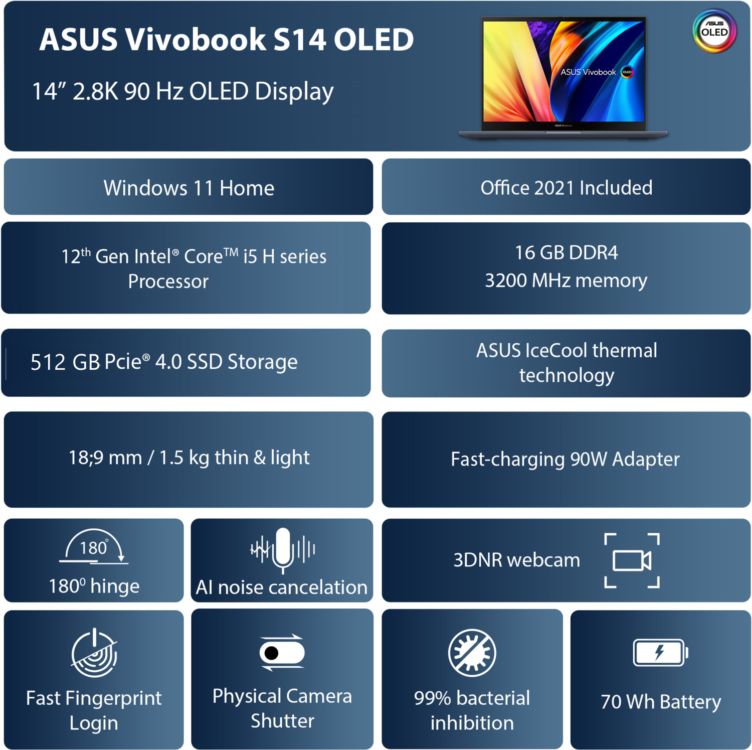 Image of ASUS Vivobook S14 OLED Intel EVO H-Series Intel Core i5 12th Gen 12500H - (16 GB /512 GB SSD /Windows 11 Home) S3402ZA-KM502WS Thin and Light Laptop
