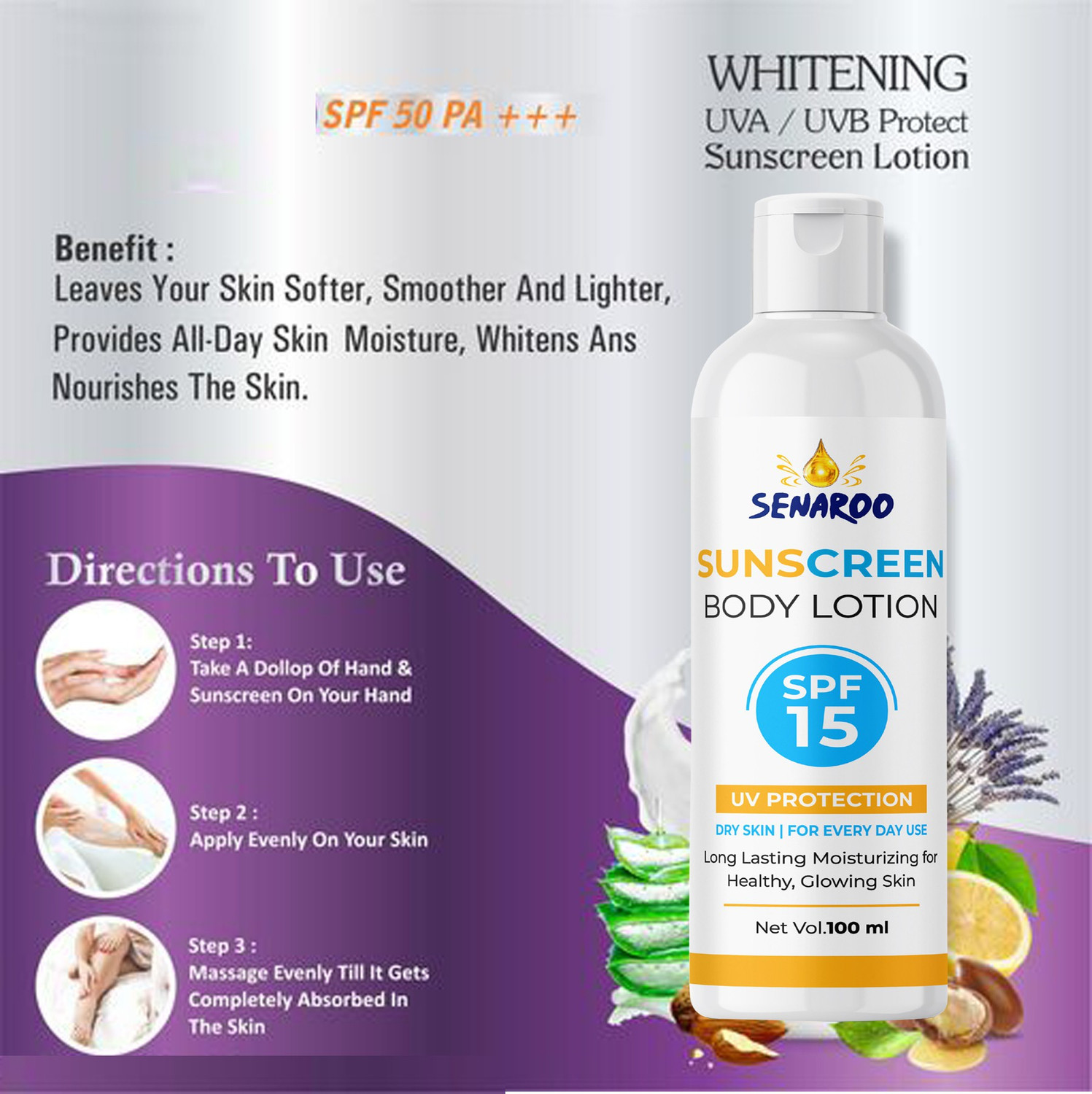 SENAROO SPF15+ Skin Lighten Brightening Whitening Sun screen Lotion On