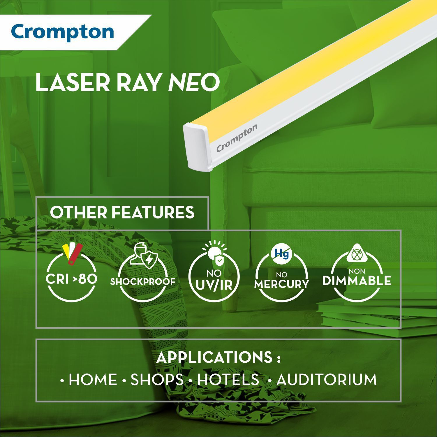 Image of Crompton Laser Ray Neo 20W 20 W 121 cm Tube Light (White, Pack of 8)