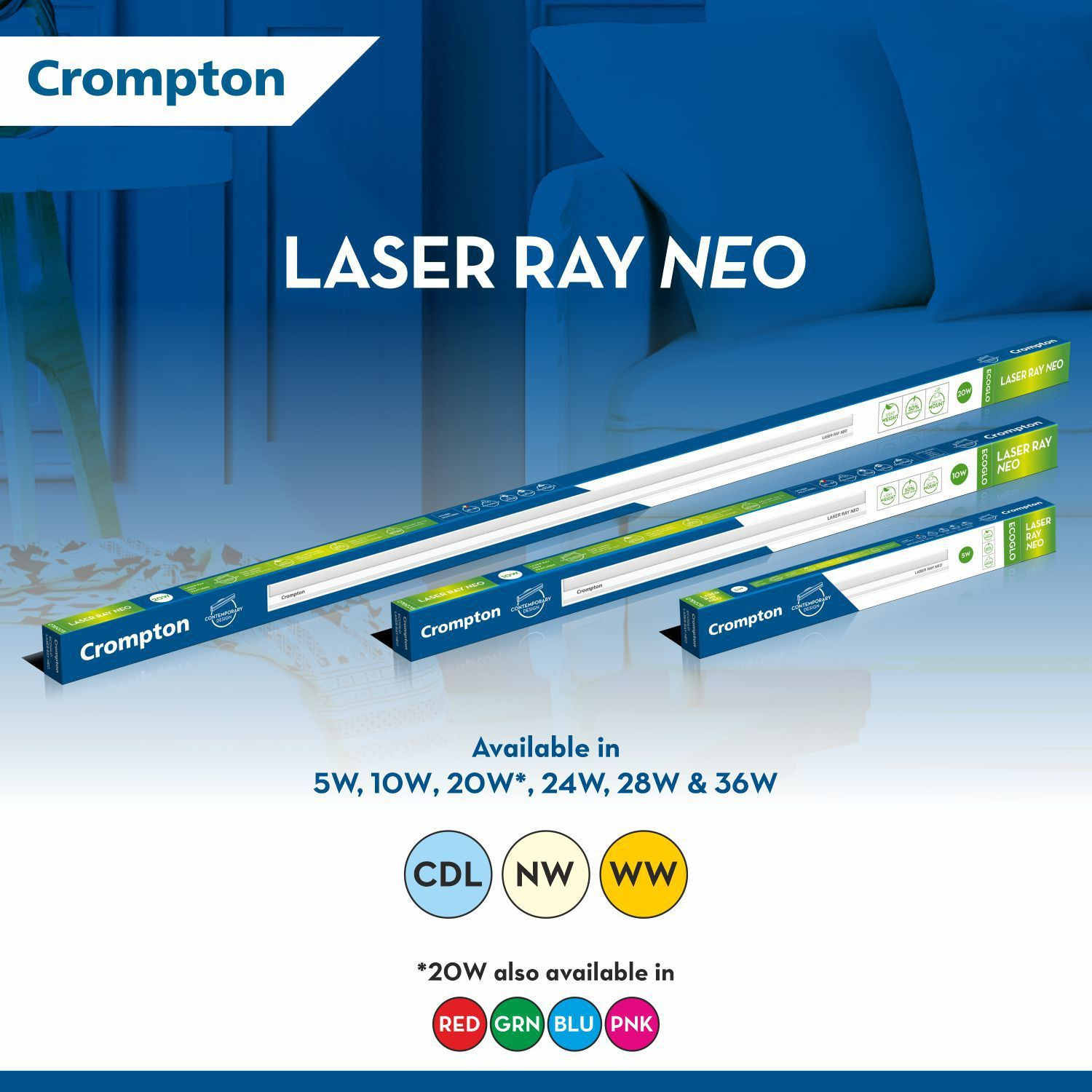 Image of Crompton Laser Ray Neo 20W 20 W 121 cm Tube Light (White, Pack of 8)