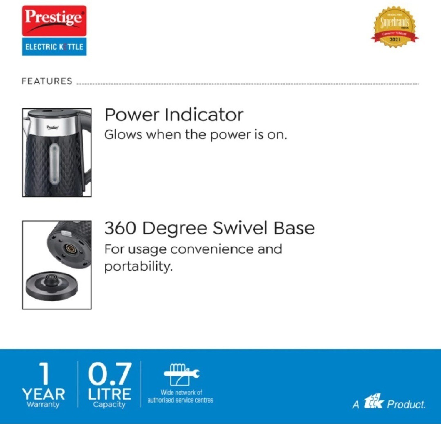 Image of Prestige PKDSS 0.7 ELECTRIC KETTLE ( 0.7 L WITH CONCEALED ELEMENT ) Electric Kettle
