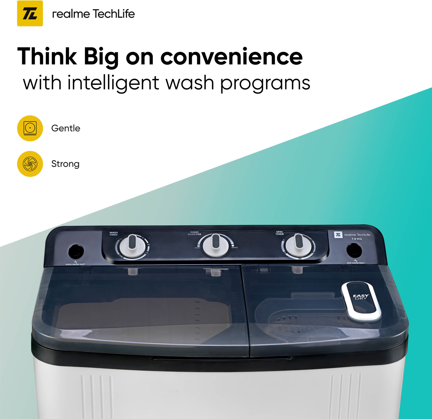 Image of realme TechLife 7 kg 5 Star rating Semi Automatic Top Load Washing Machine White, Black