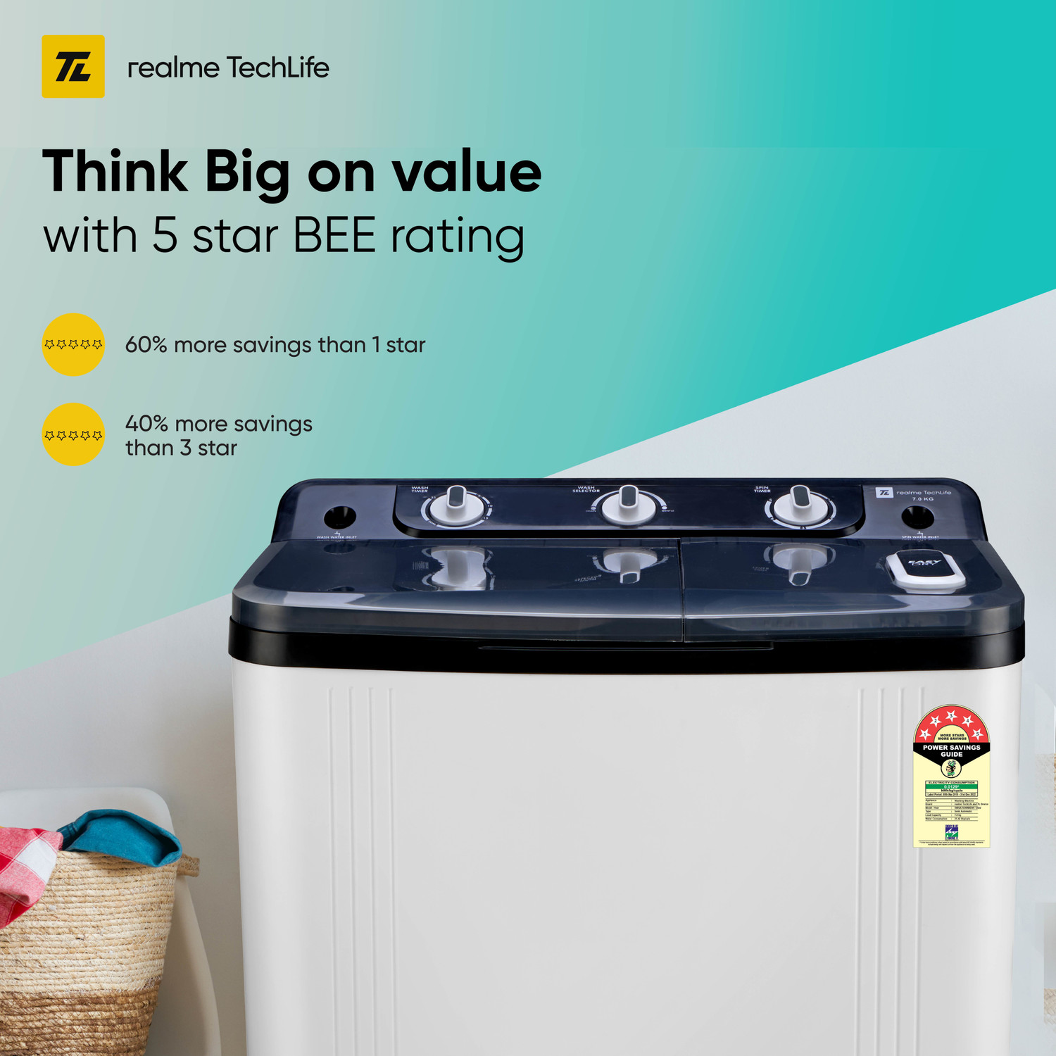 Image of realme TechLife 7 kg 5 Star rating Semi Automatic Top Load Washing Machine White, Black