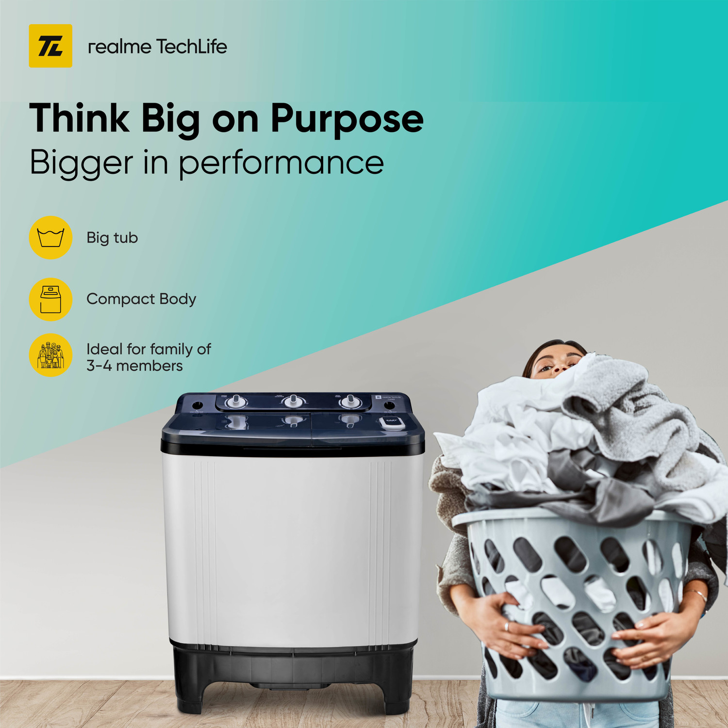 Image of realme TechLife 7 kg 5 Star rating Semi Automatic Top Load Washing Machine White, Black