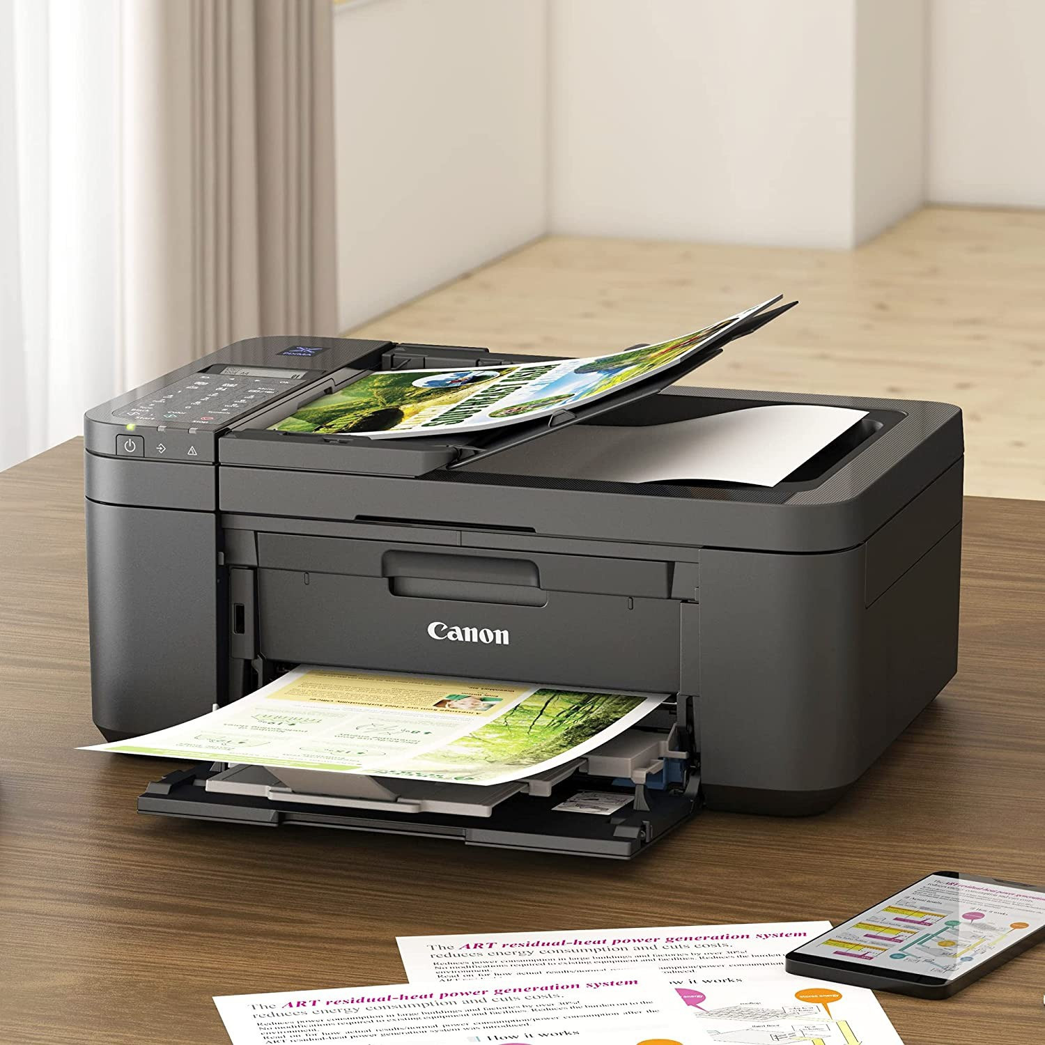 Image of Canon E4570 Multi-function WiFi Color Inkjet Printer with Voice Activated Printing Google Assistant and Alexa with Auto Duplex feature and Auto-document feeder