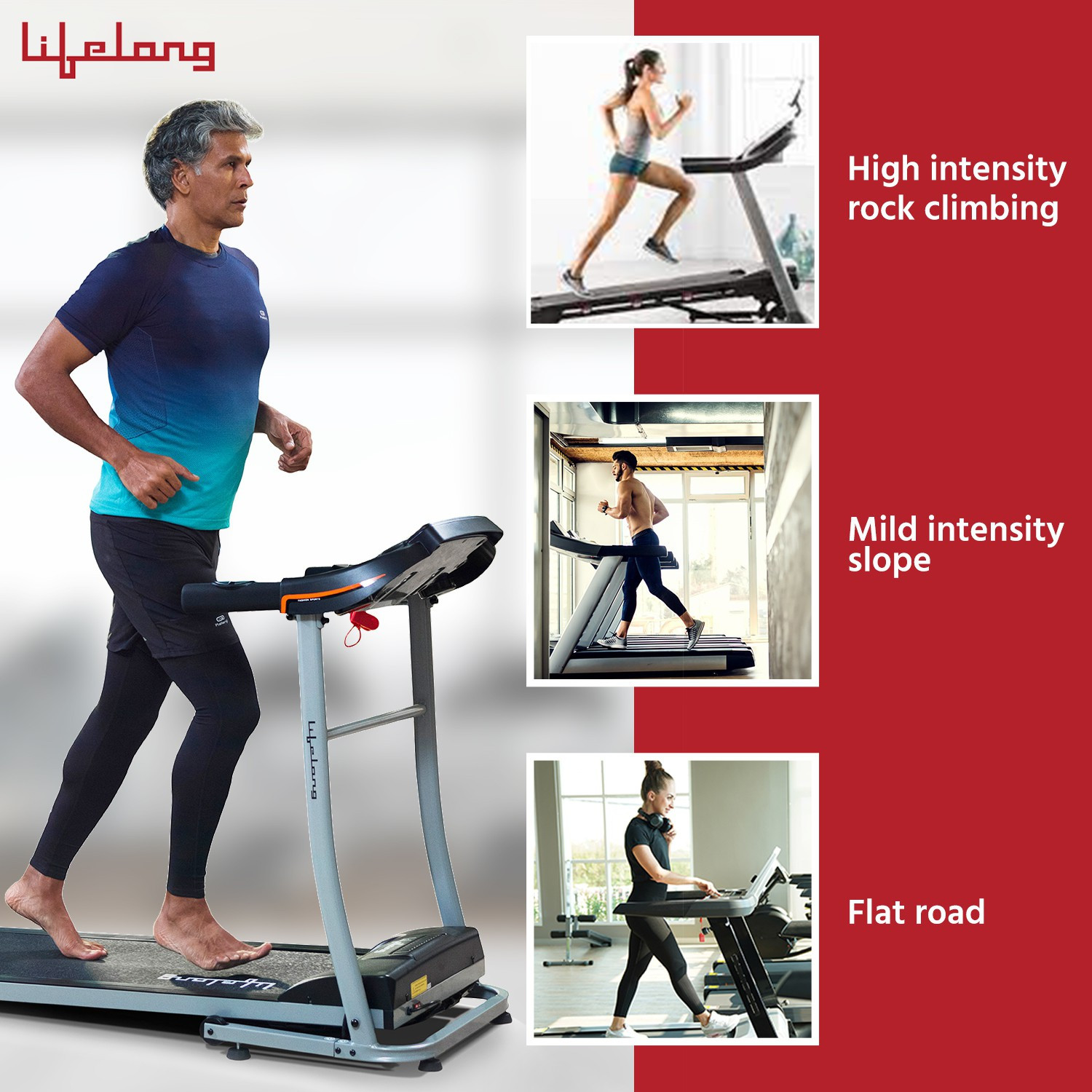 Image of Lifelong Fit Pro 4 hp with Heart Rate Sensor Motorized Treadmill (Max Weight:100 kg)