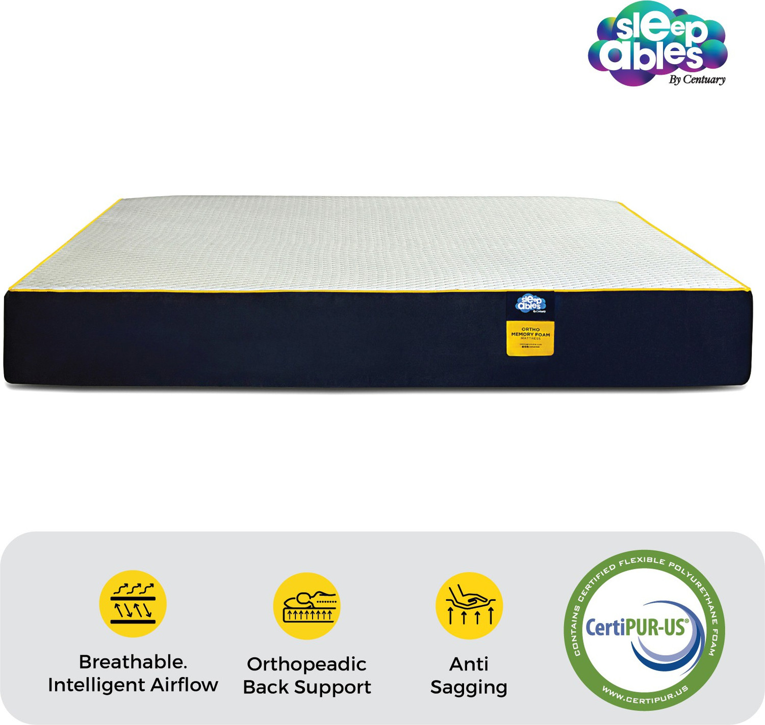 Image of Centuary Ortho-Sleepables, Memory Foam, Medium firm support 8 inch Queen High Resilience (HR) Foam Mattress