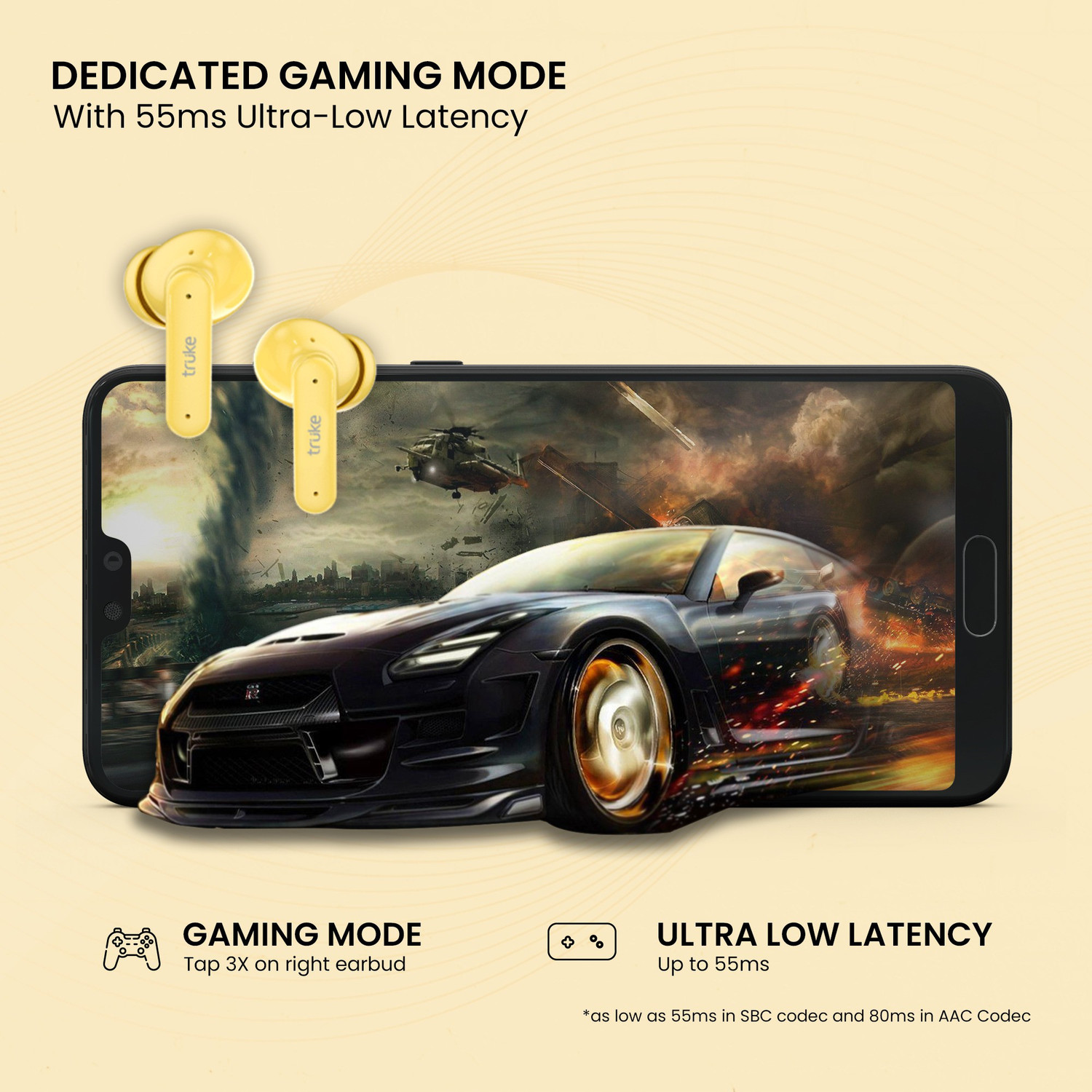 Image of truke Air Buds Lite with Quad Mic ENC, 10mm Driver, Ear Sensor, 48Hours Playtime Bluetooth Gaming (Yellow, True Wireless)